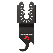 Black oscillating hook knife blade with serrated U-shaped cutting edge and mounting holes for multi-tool attachment.
