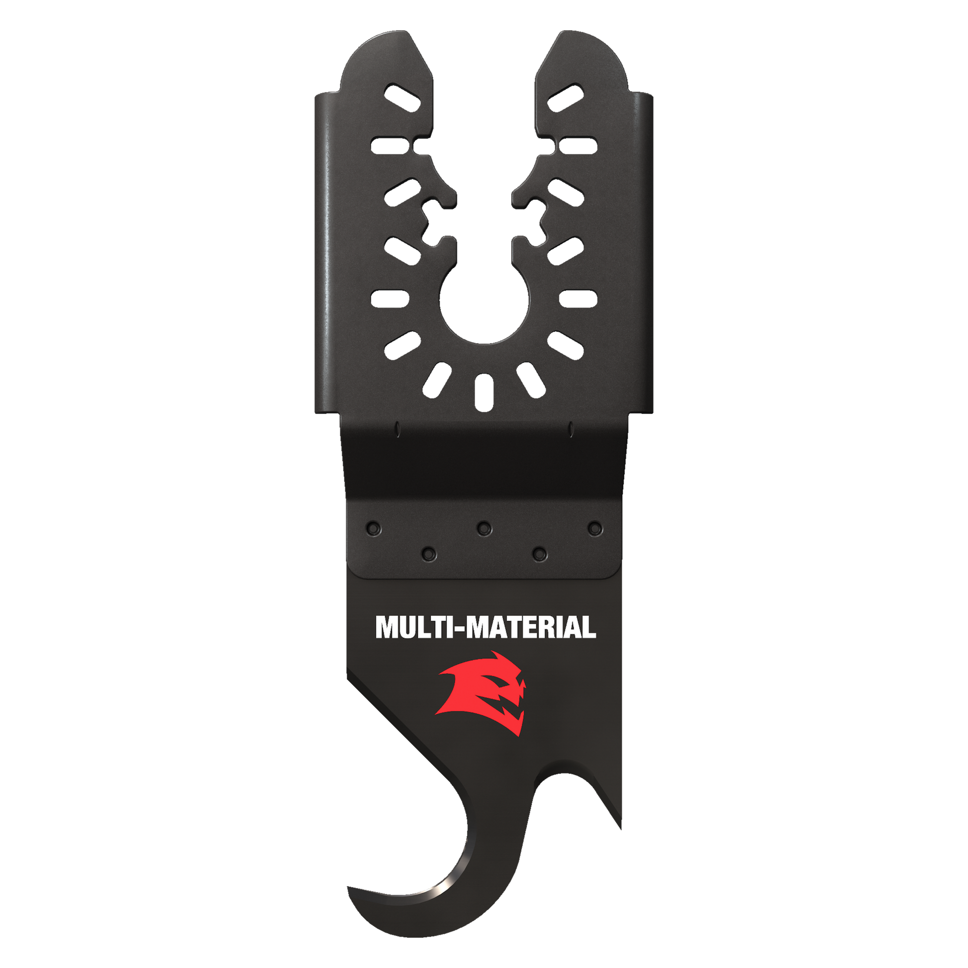 Black oscillating hook knife blade with serrated U-shaped cutting edge and mounting holes for multi-tool attachment.
