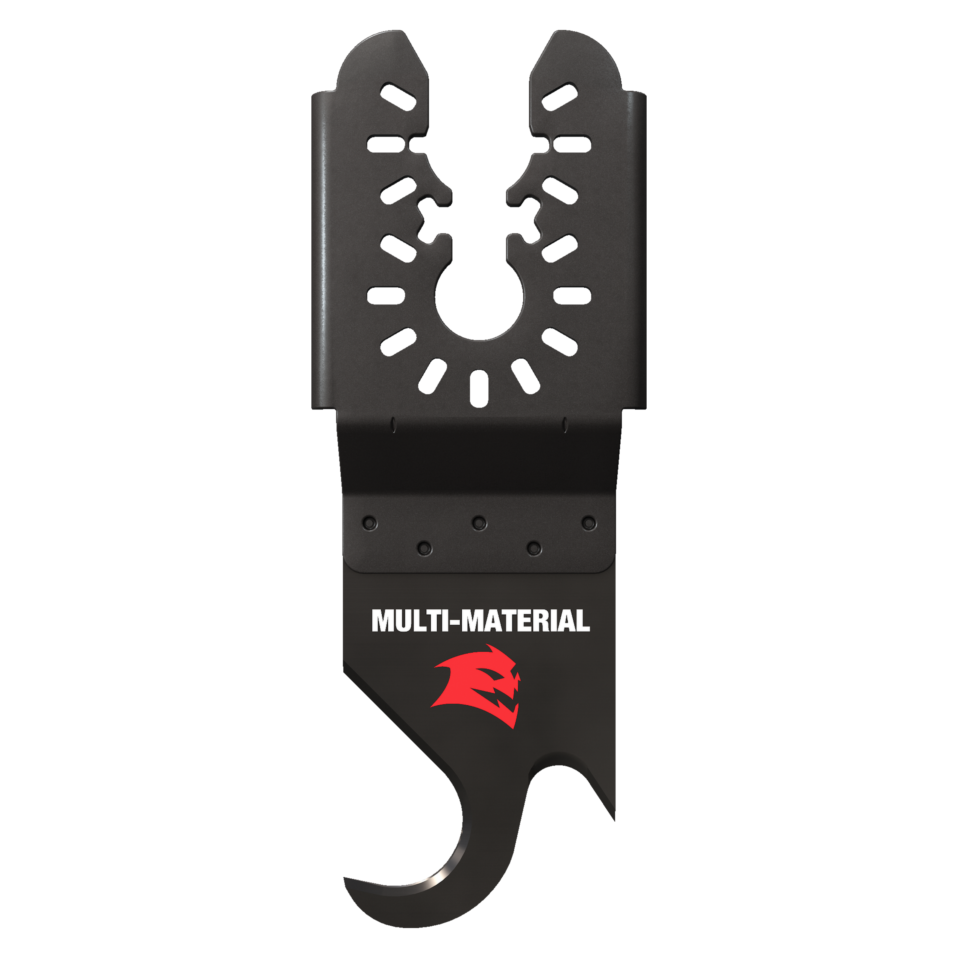 Black oscillating hook knife blade with serrated U-shaped cutting edge and mounting holes for multi-tool attachment.