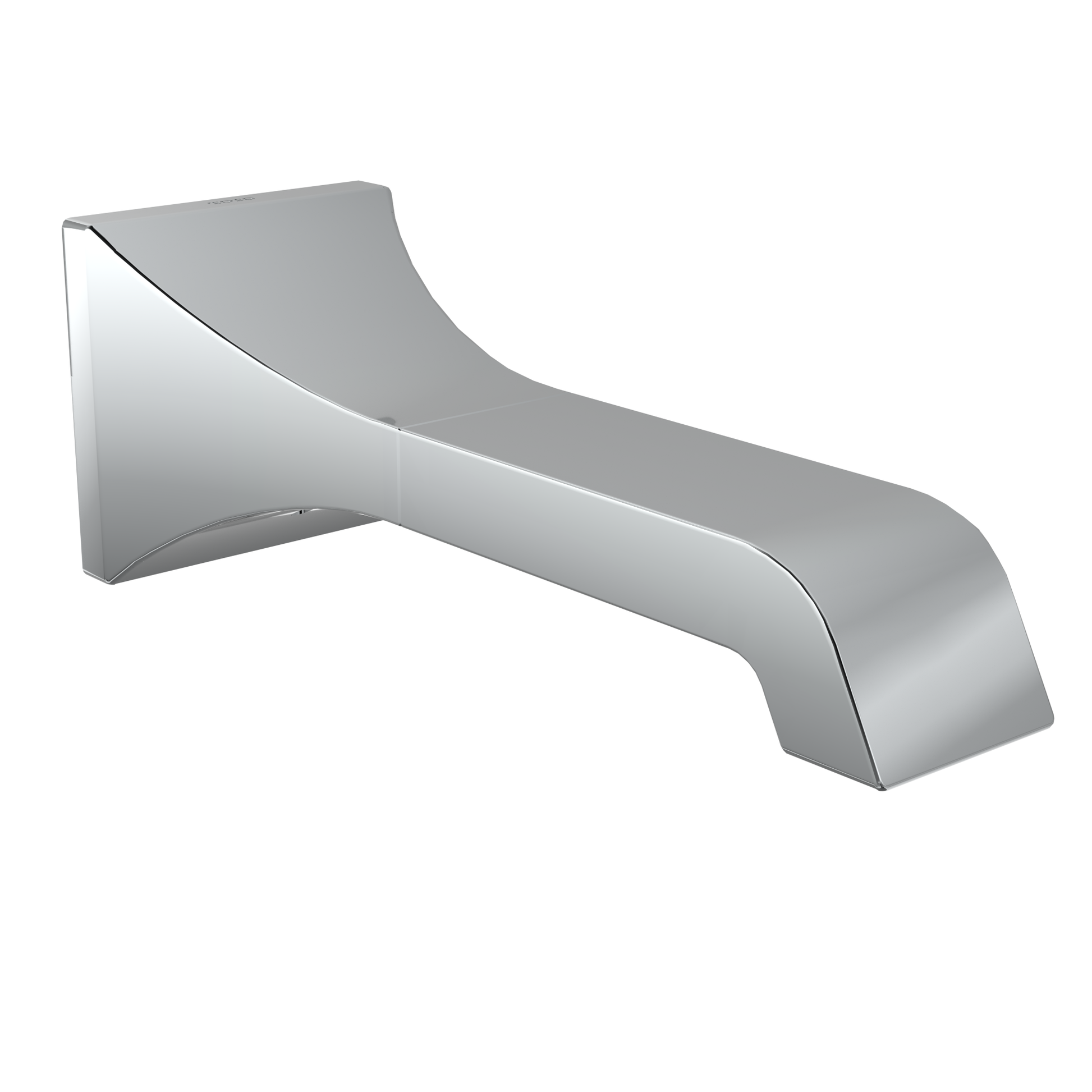 Polished chrome wall-mounted tub spout with curved curved spout and square mounting flange.