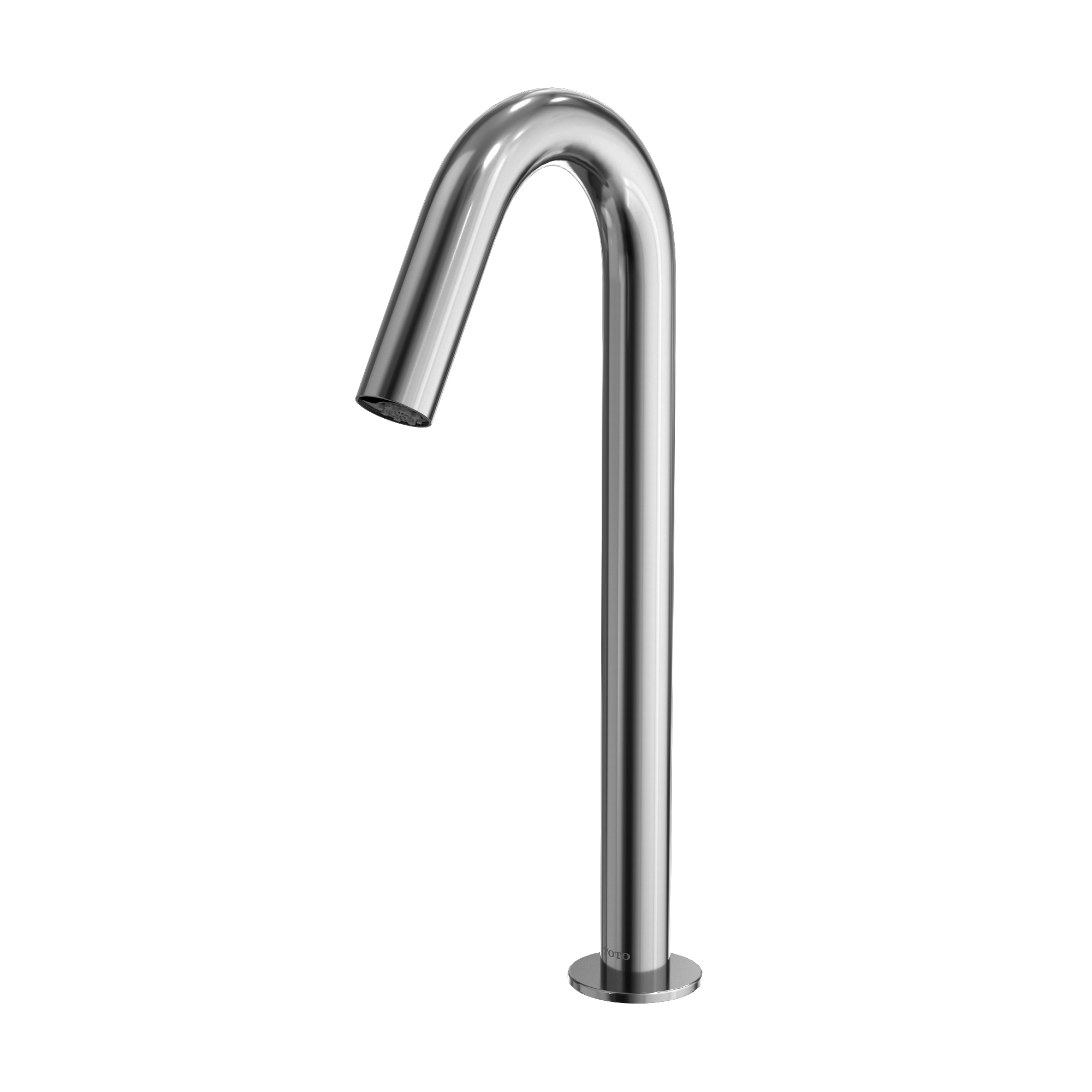 Polished chrome touchless vessel faucet with curved spout and tall cylindrical body mounted on circular base.