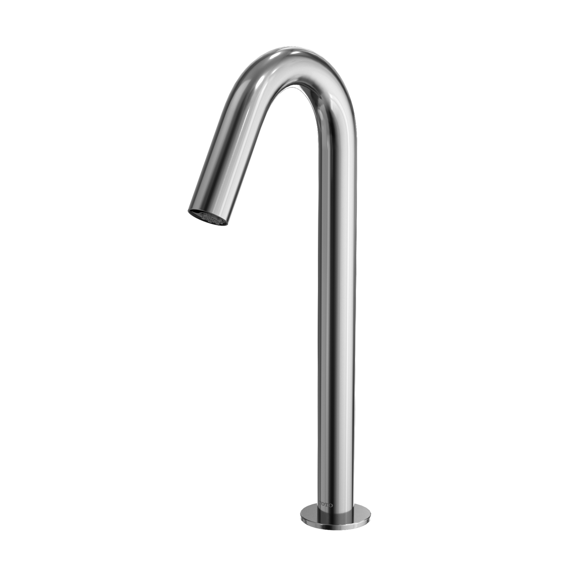 Polished chrome touchless bathroom faucet with curved spout and tall cylindrical base.