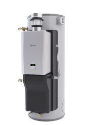 White and black cylindrical hybrid water heater with tankless heating unit mounted on front, digital display, and brass conne