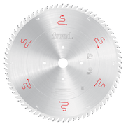 Circular saw blade with silver steel body, multiple teeth around edge, white mounting holes, and red markings on surface.