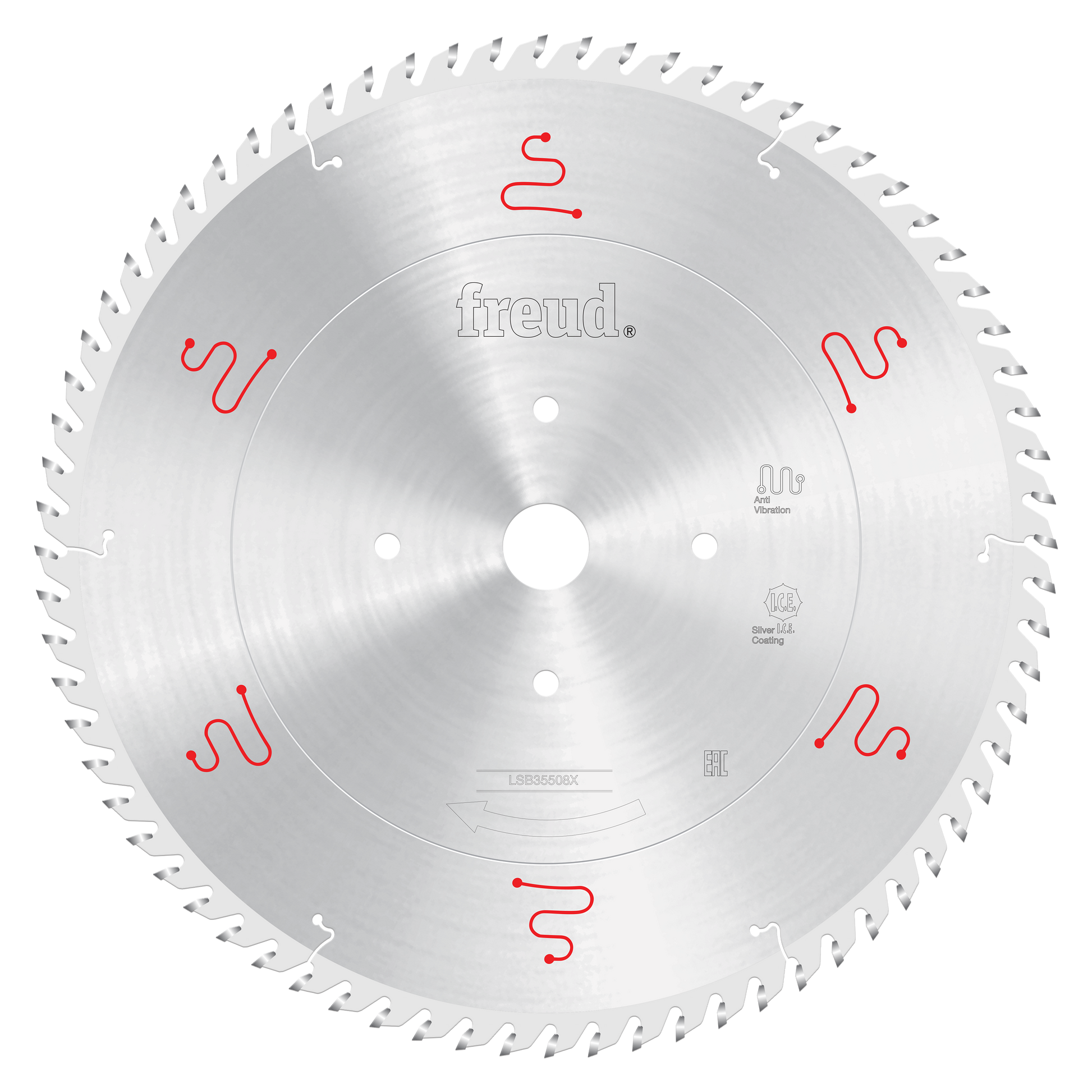 Circular saw blade with silver steel body, multiple teeth around edge, white mounting holes, and red markings on surface.