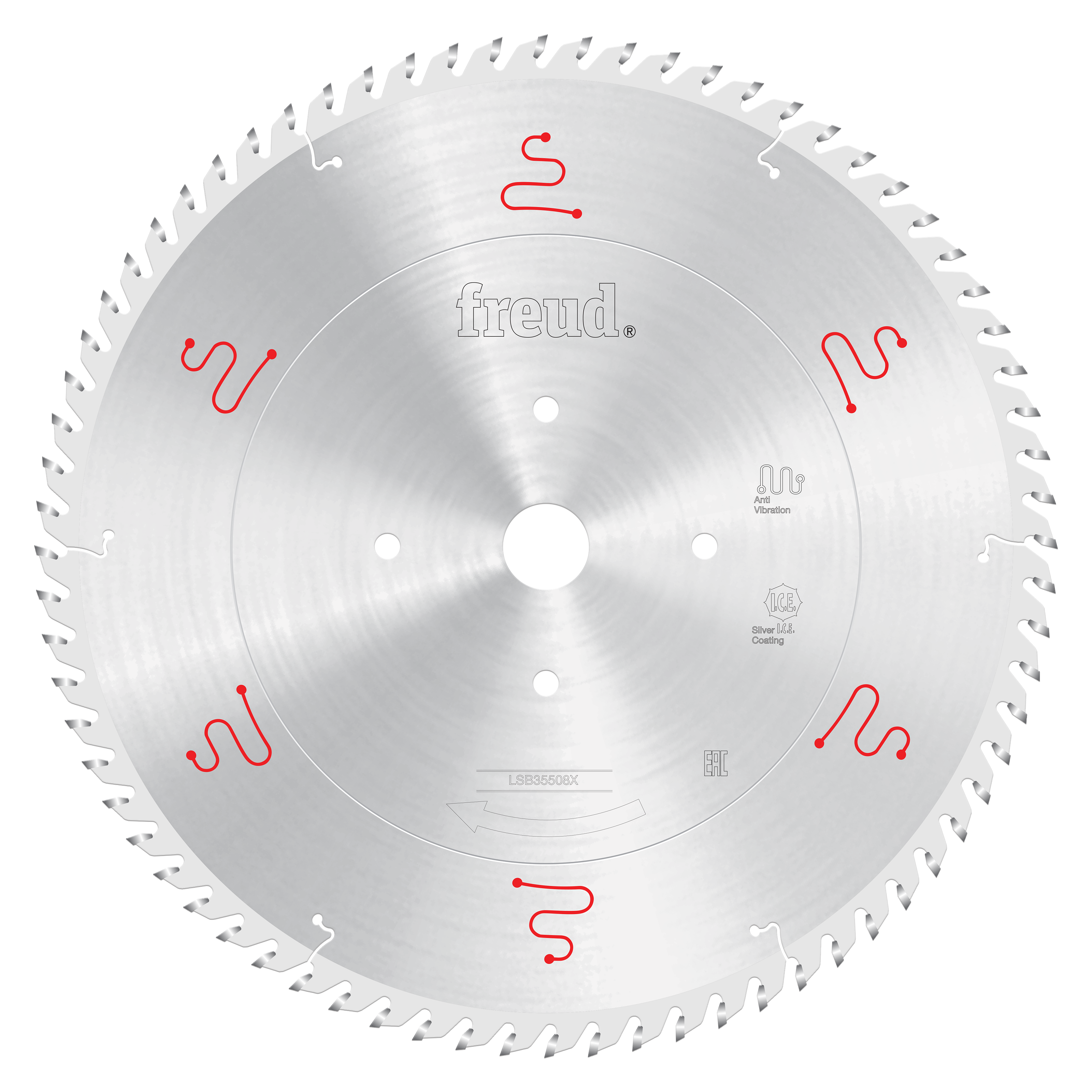 Circular saw blade with silver steel body, multiple teeth around edge, white mounting holes, and red markings on surface.