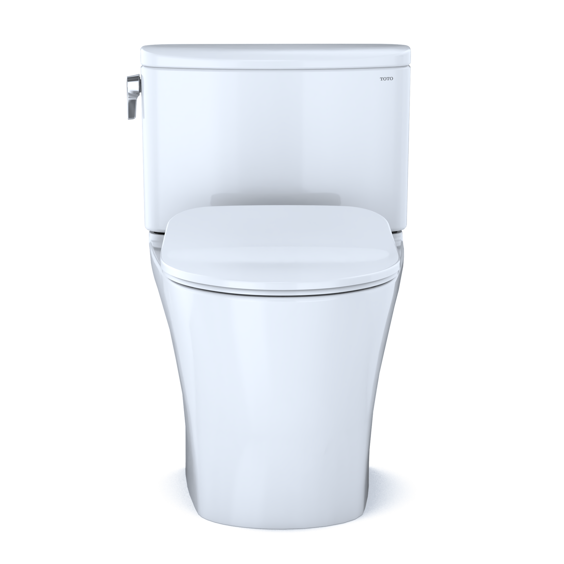 White two-piece elongated toilet with soft-close seat and chrome handle on tank.