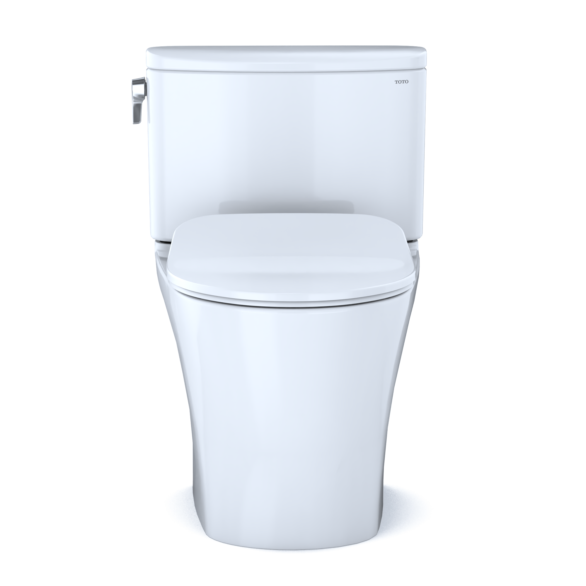 White two-piece elongated toilet with soft-close seat and chrome handle on tank.