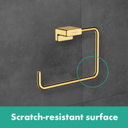Brushed bronze rectangular towel ring mounted on gray tile wall with matching wall bracket.