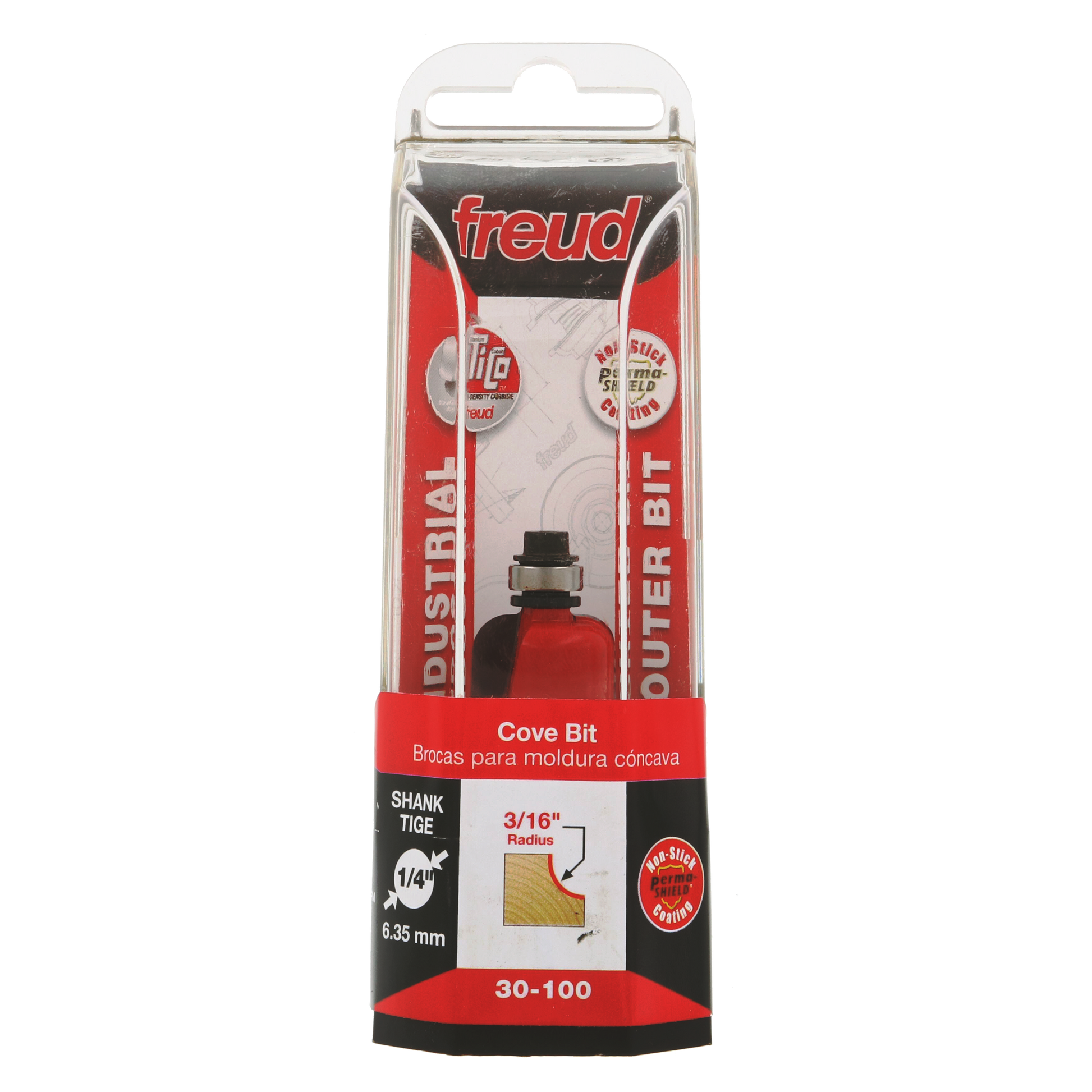 Freud cove bit with red handle and metal shank in clear plastic packaging labeled for 3/16" radius woodworking.