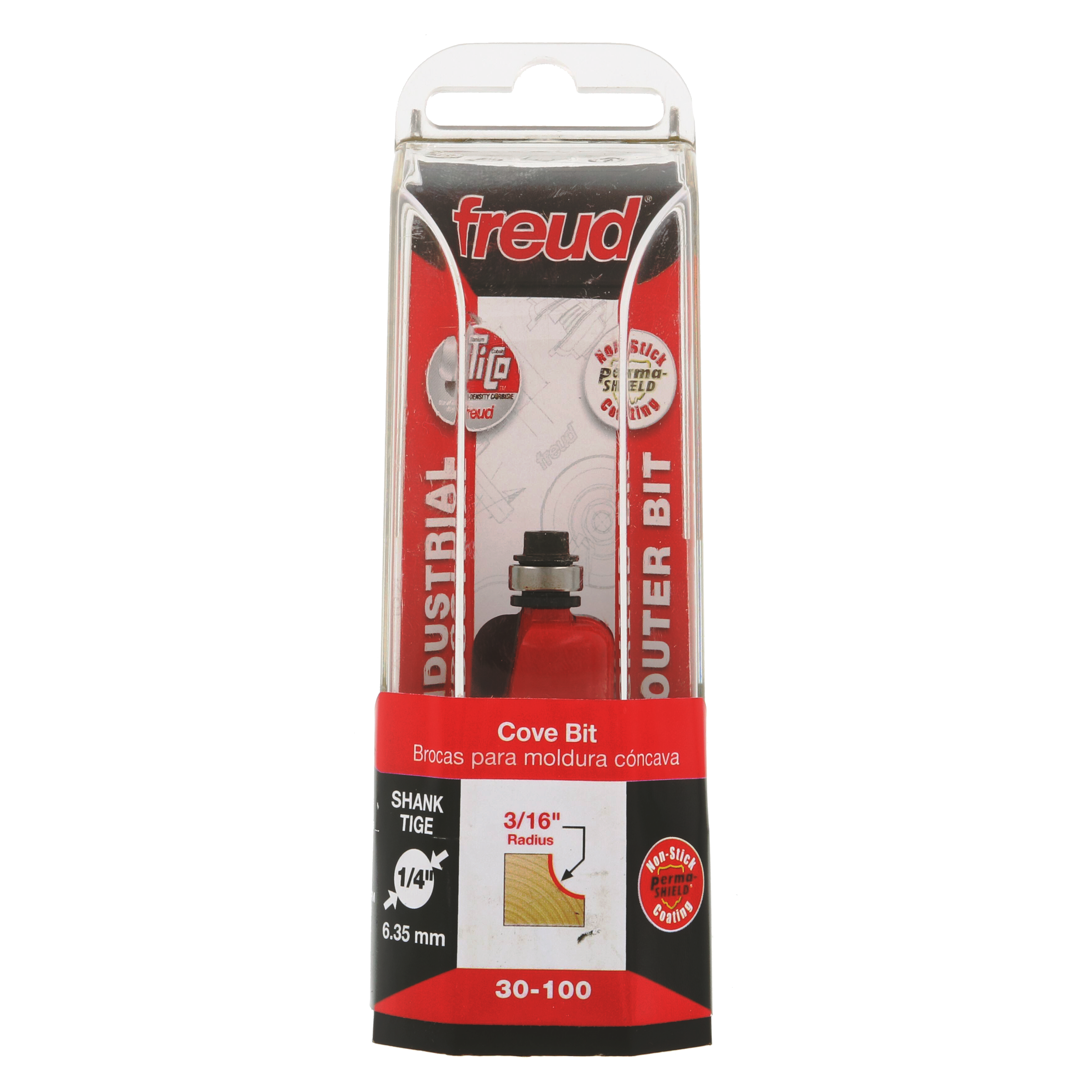 Freud cove bit with red handle and metal shank in clear plastic packaging labeled for 3/16" radius woodworking.