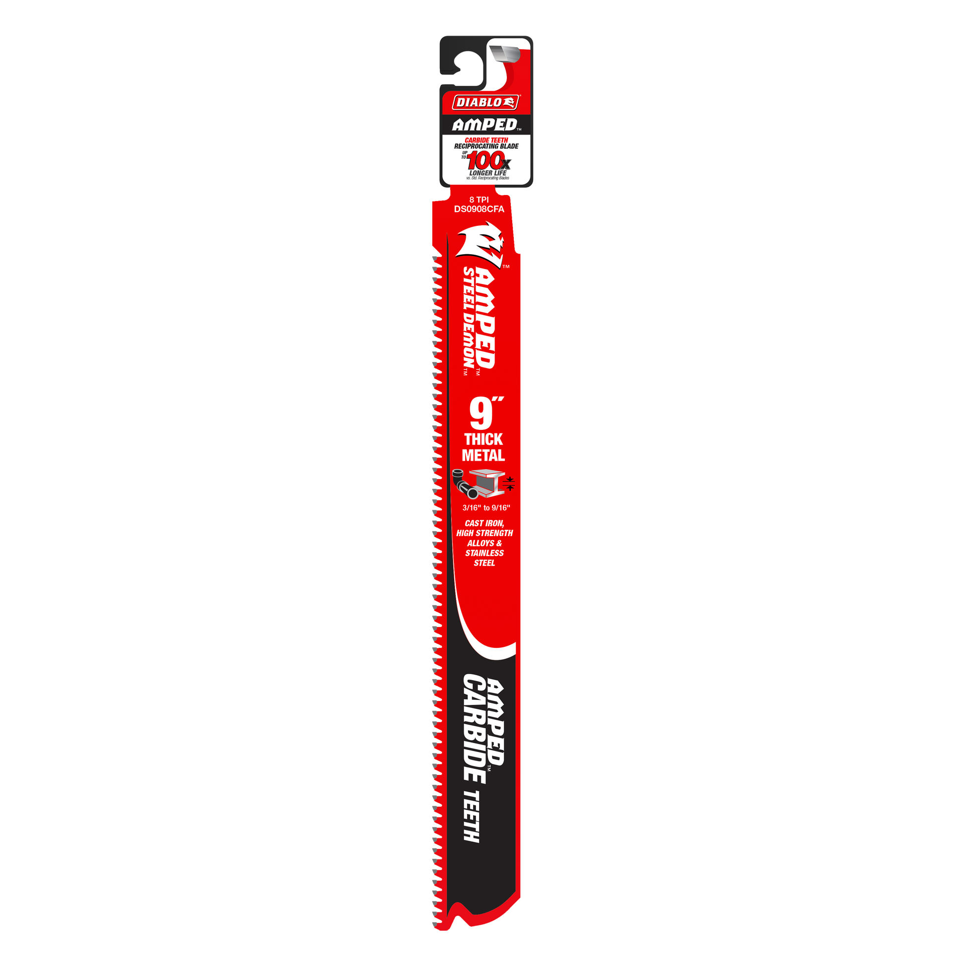 Diablo Steel Demon Amped 9-inch carbide saw blade in red and black packaging with product label.