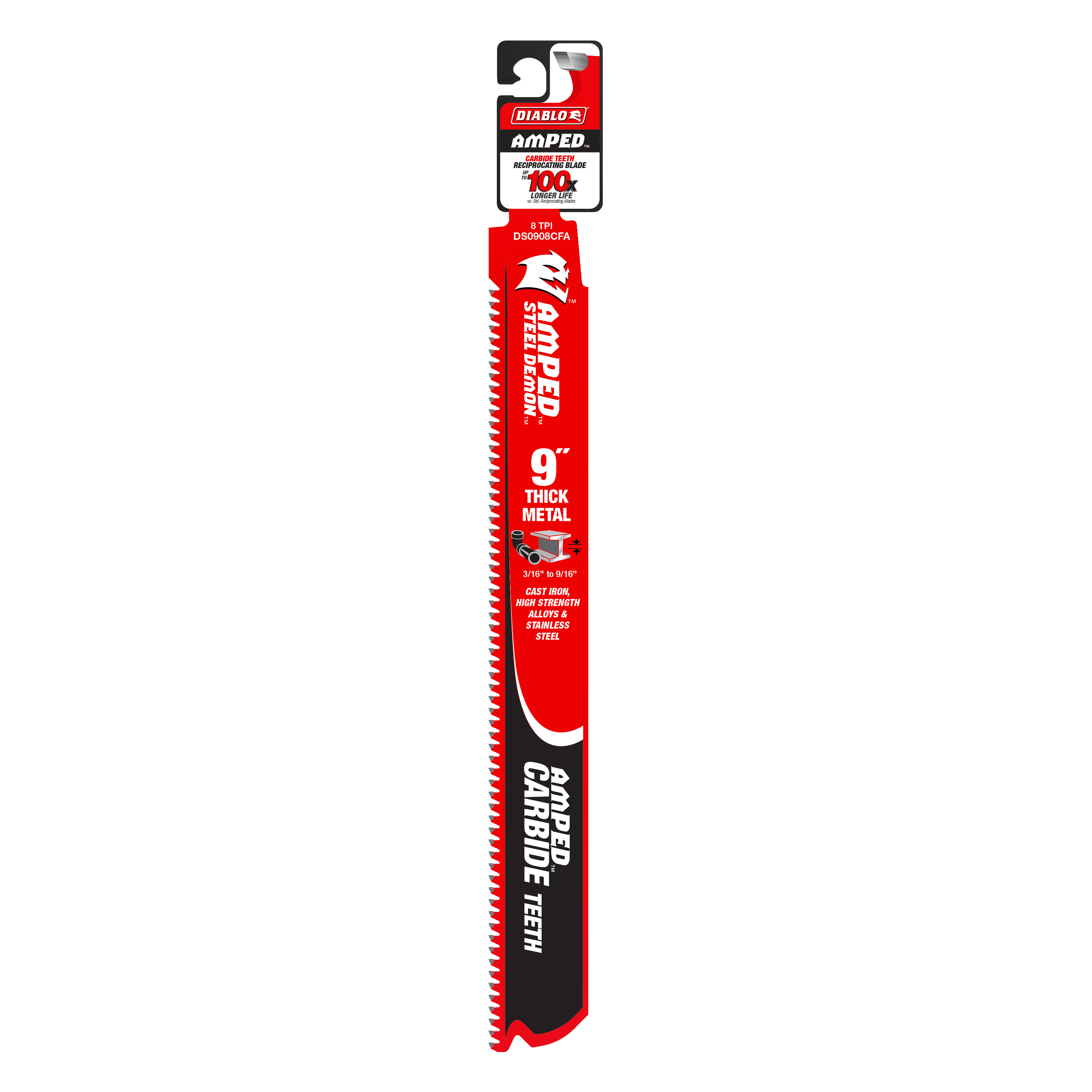 Diablo Steel Demon Amped 9-inch carbide saw blade in red and black packaging with product label.