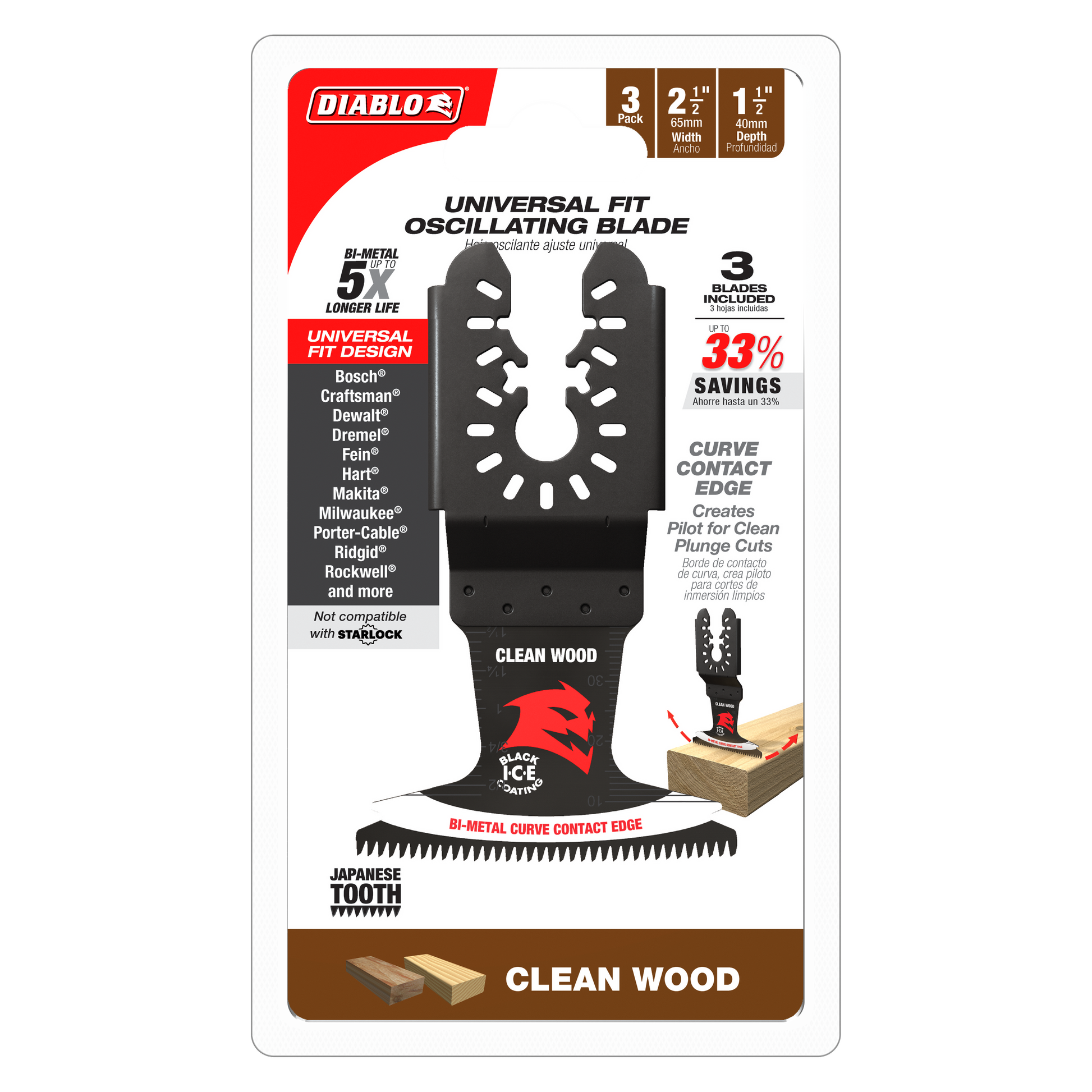 Three black bi-metal oscillating blades with Japanese teeth and curve contact edge for wood cutting.