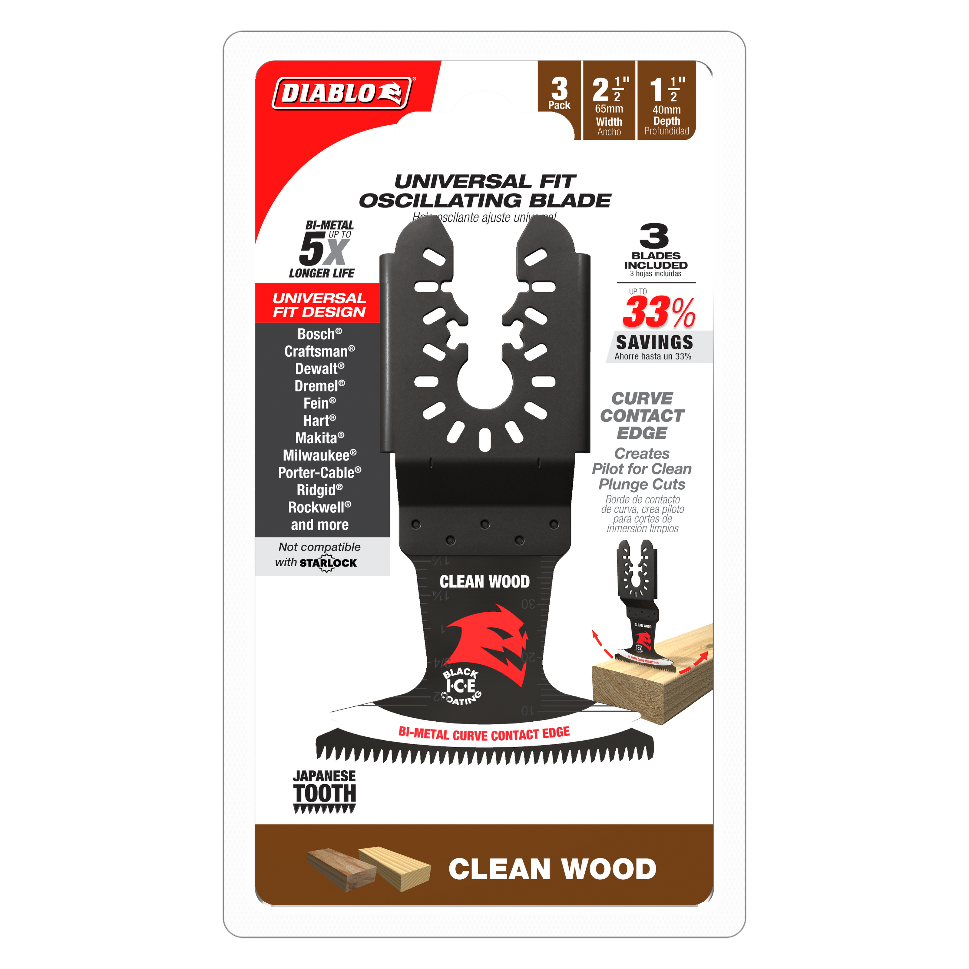 Three black bi-metal oscillating blades with Japanese teeth and curve contact edge for wood cutting.