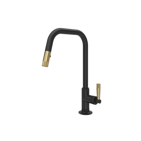Matte black pull-down kitchen faucet with antique gold accents and U-shaped spout.