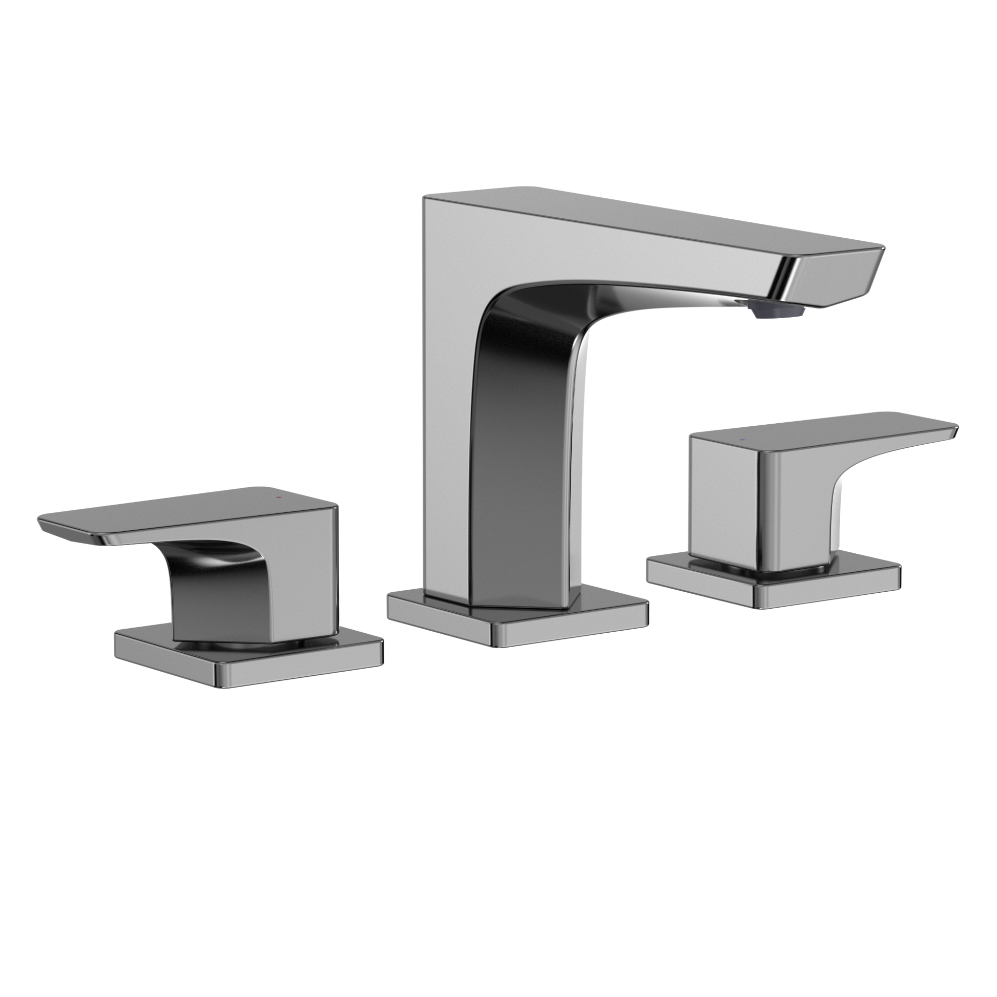 Polished chrome two-handle widespread bathroom sink faucet with curved spout and rectangular handles.