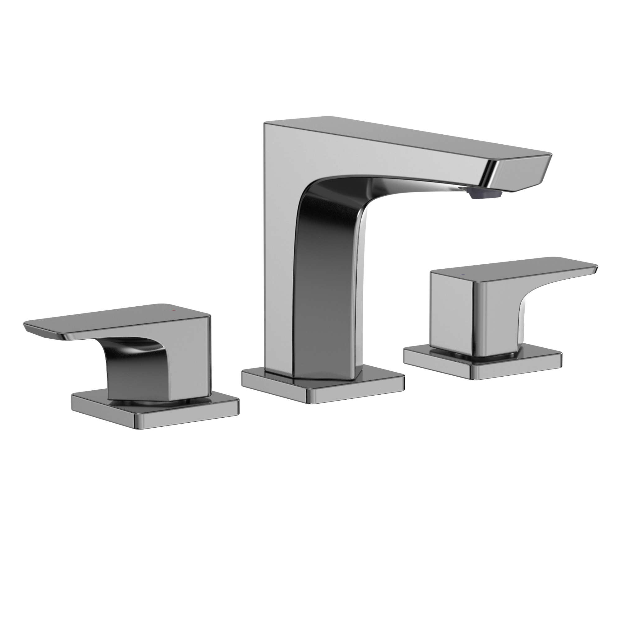 Polished chrome two-handle widespread bathroom sink faucet with curved spout and rectangular handles.
