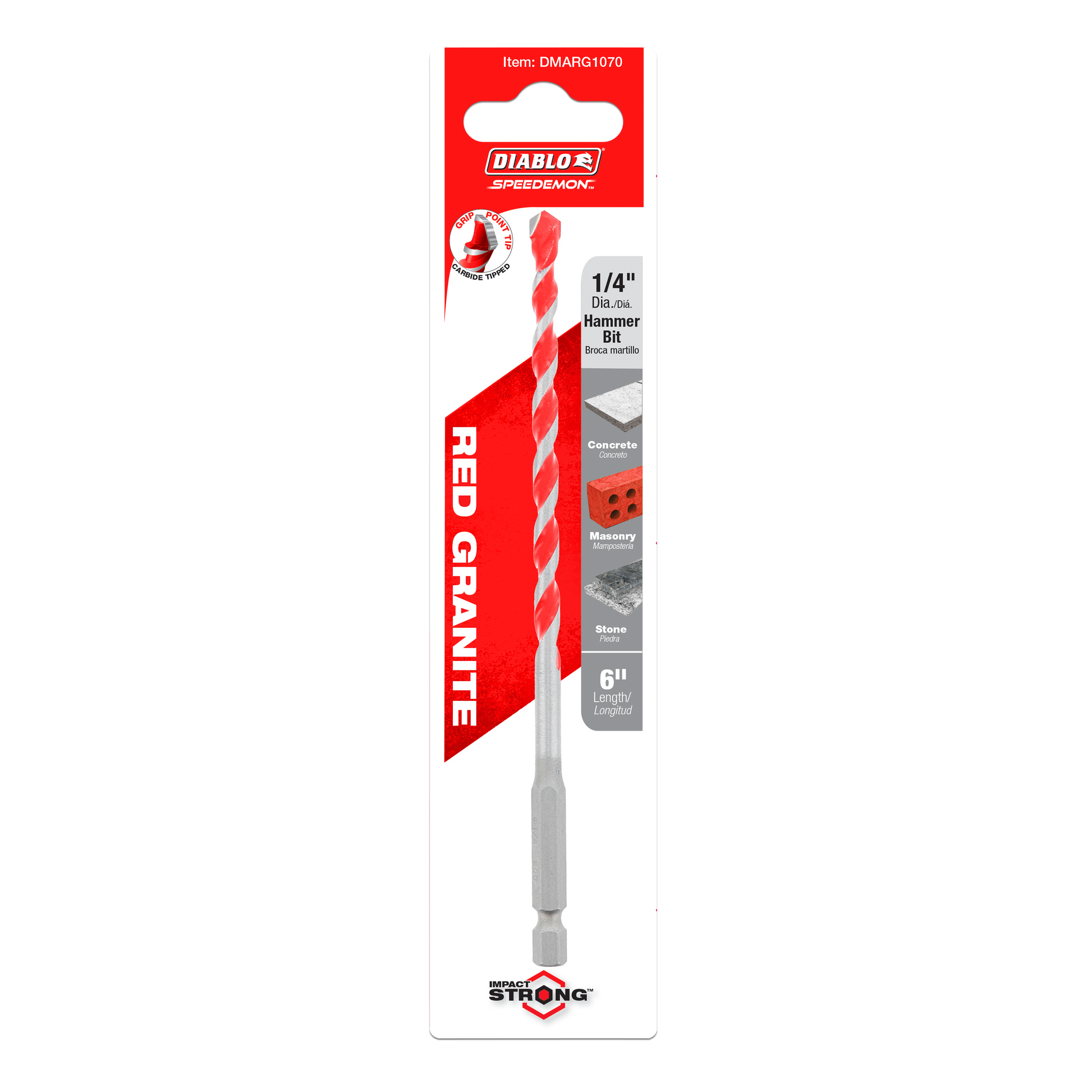 Diablo SPEEDemon 1/4-inch carbide-tipped hammer drill bit with red and gray spiral flutes on retail packaging.