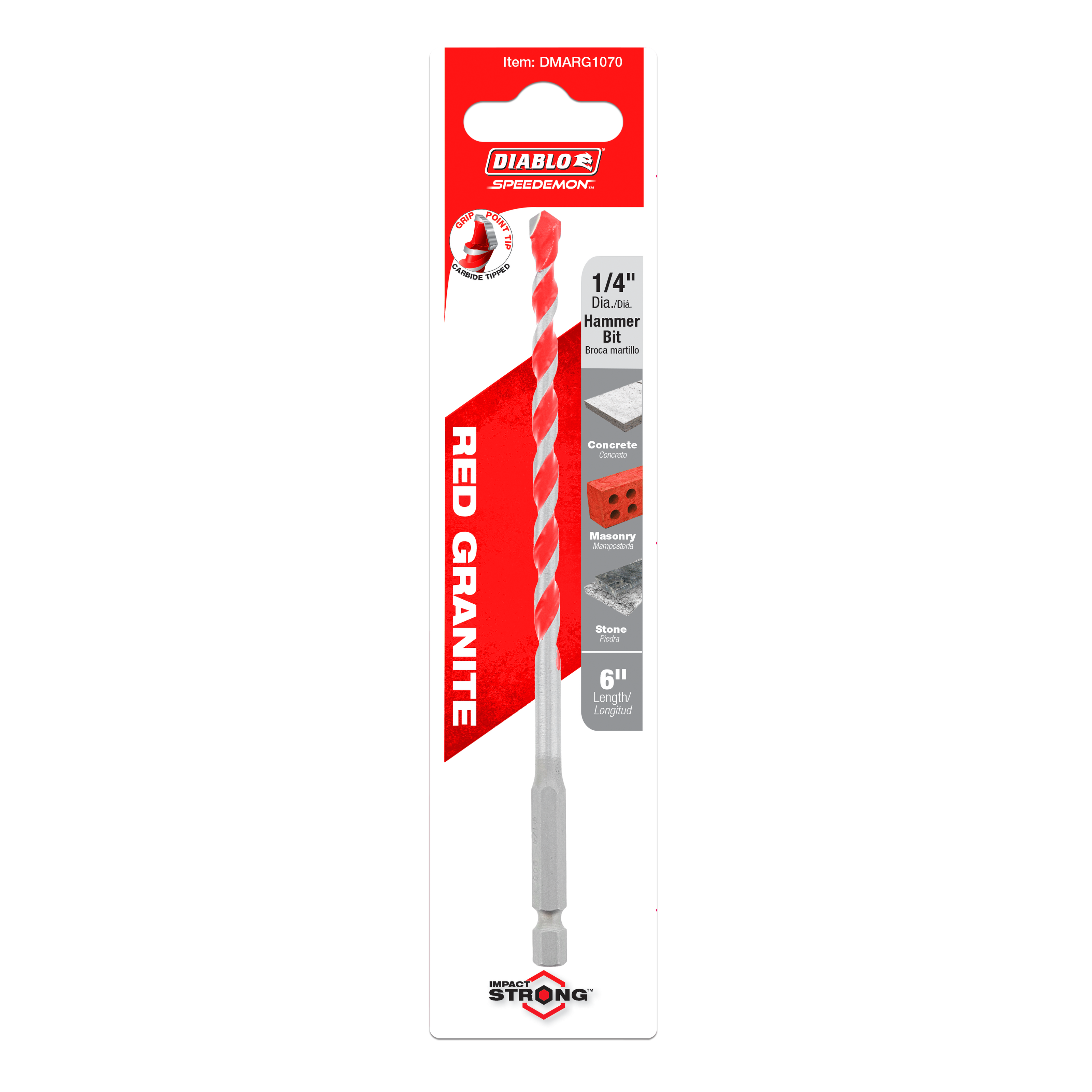 Diablo SPEEDemon 1/4-inch carbide-tipped hammer drill bit with red and gray spiral flutes on retail packaging.