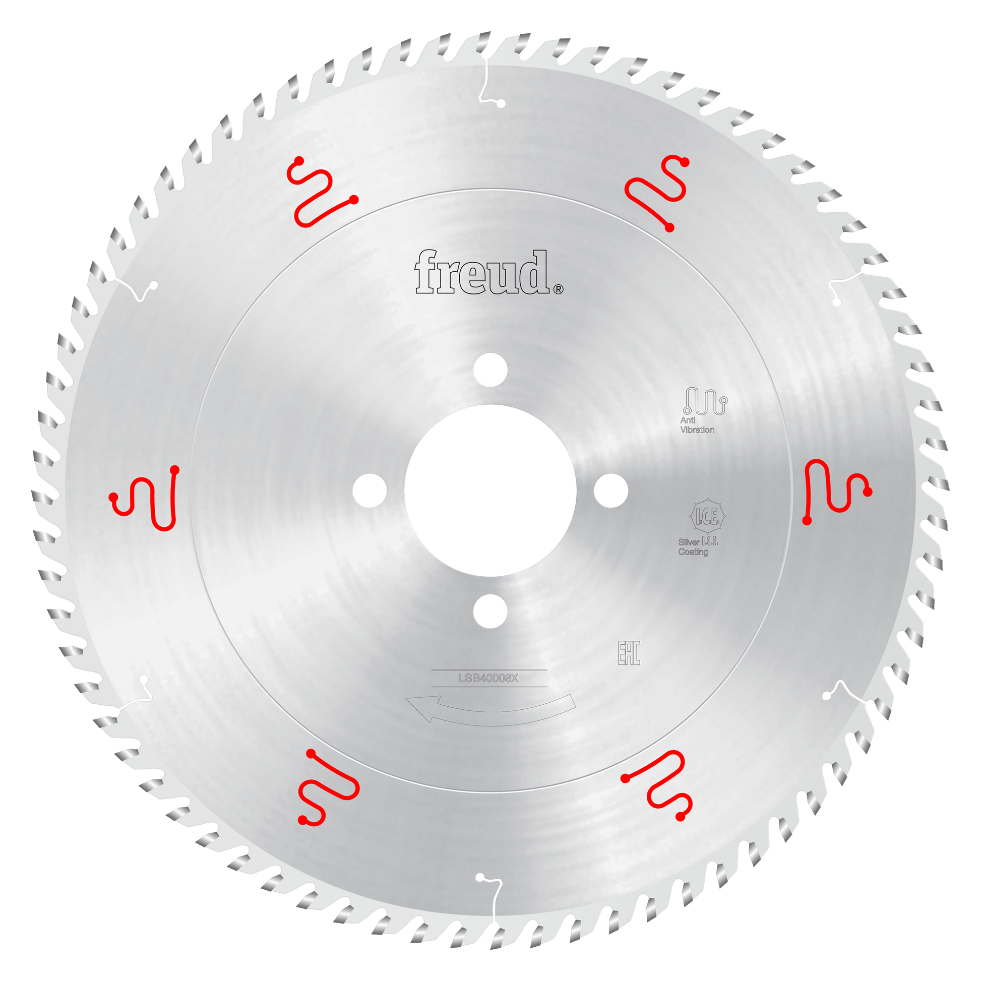 Freud 400mm circular saw blade with silver carbide teeth and white mounting holes, marked with red symbols around the edge.