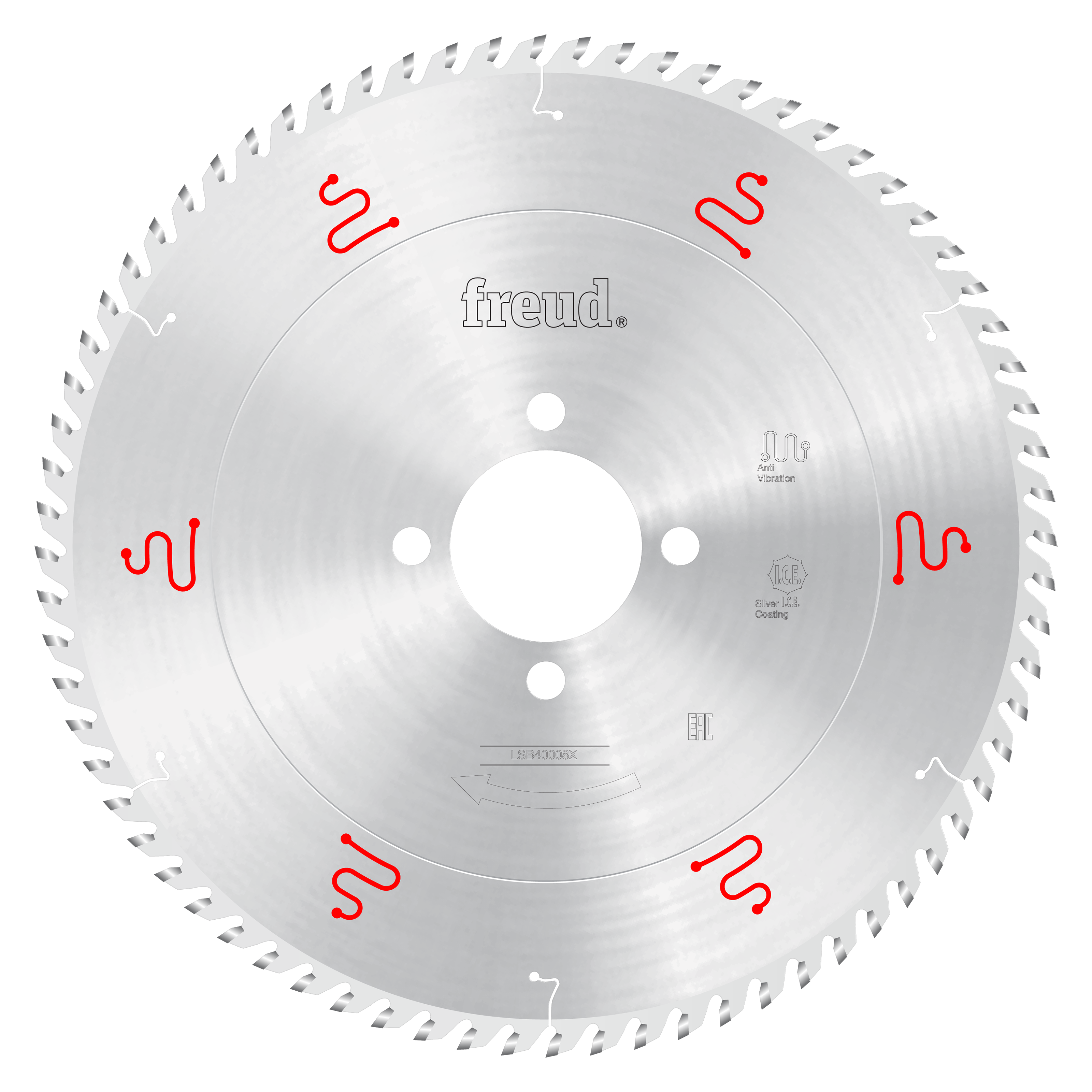 Freud 400mm circular saw blade with silver carbide teeth and white mounting holes, marked with red symbols around the edge.