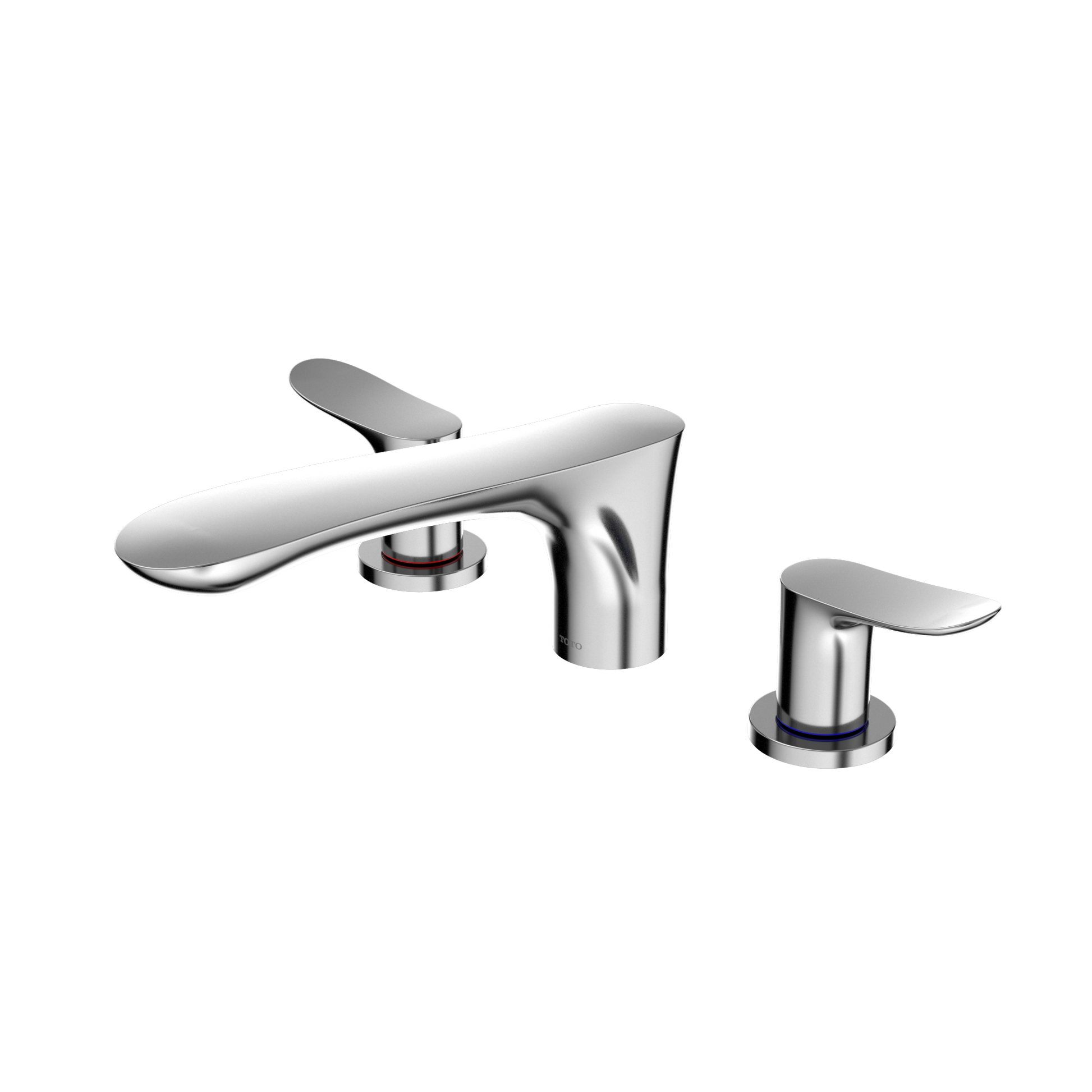 Polished chrome two-handle deck-mount roman tub filler with curved spout and separate handles on either side.