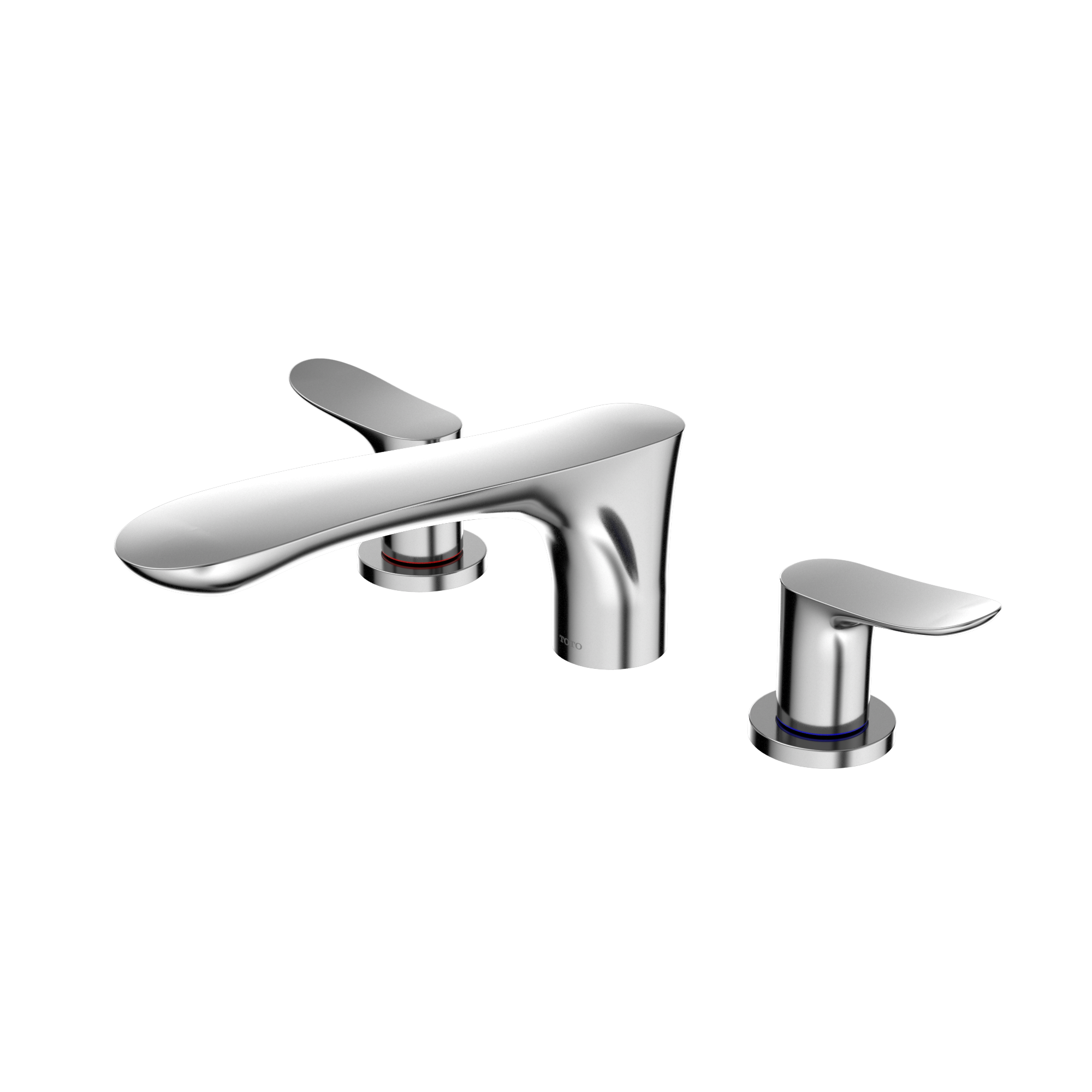Polished chrome two-handle deck-mount roman tub filler with curved spout and separate handles on either side.