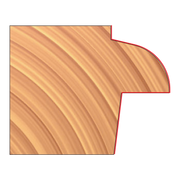 Door lip cutter with curved cutting edge and red outline shown against wood grain background.