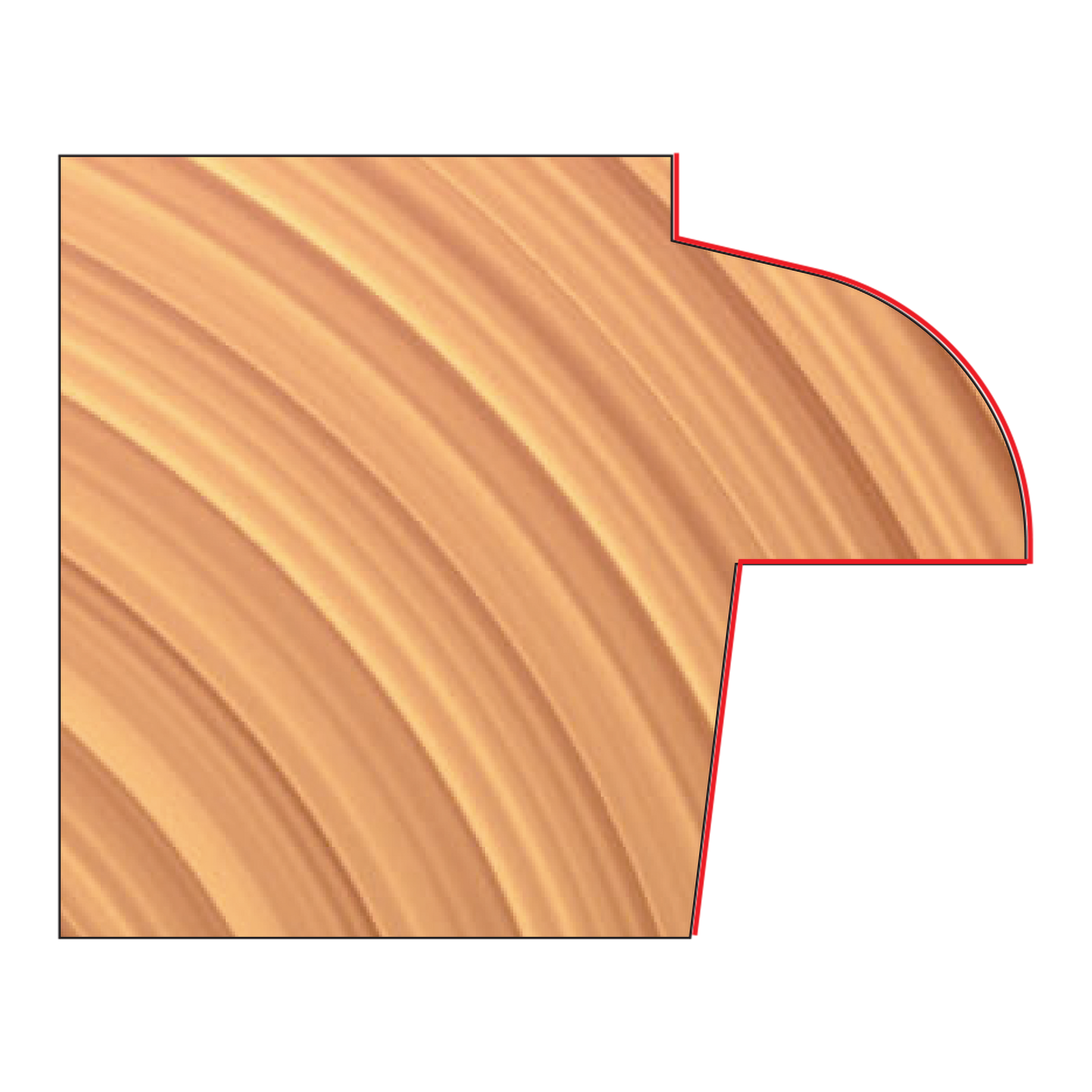 Door lip cutter with curved cutting edge and red outline shown against wood grain background.