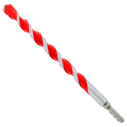 Red and gray carbide-tipped hammer drill bit with spiral flutes and cylindrical shank.