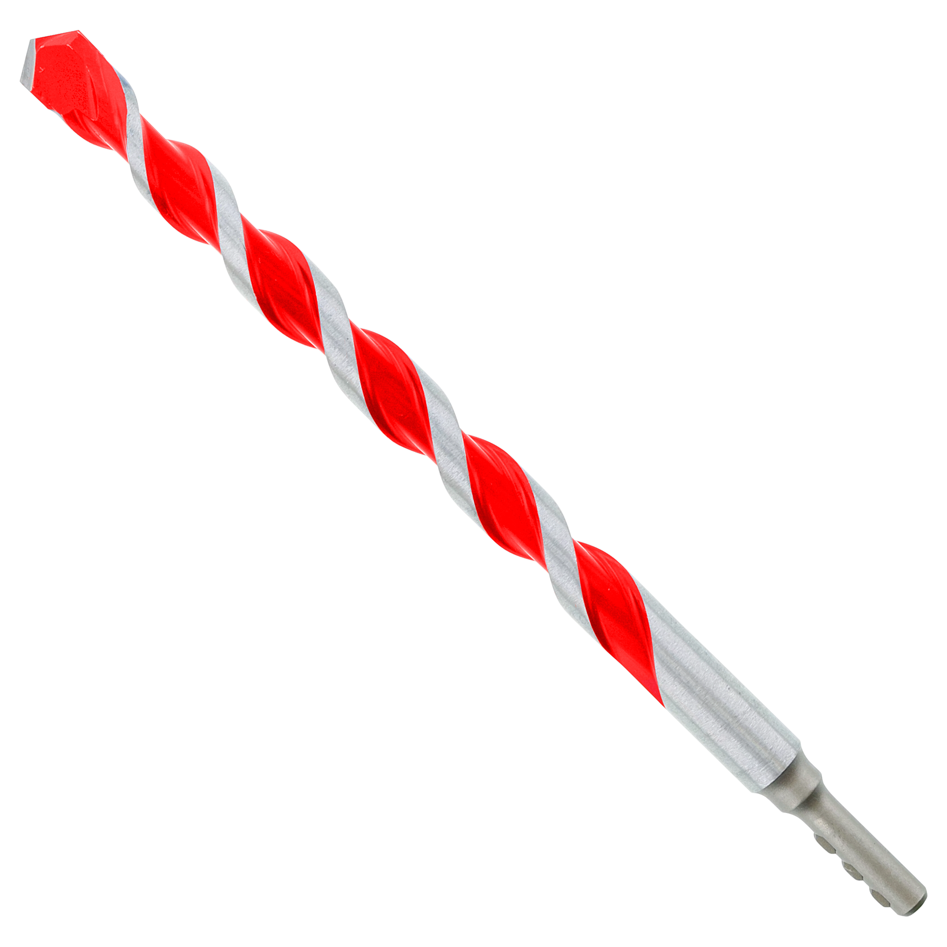 Red and gray carbide-tipped hammer drill bit with spiral flutes and cylindrical shank.