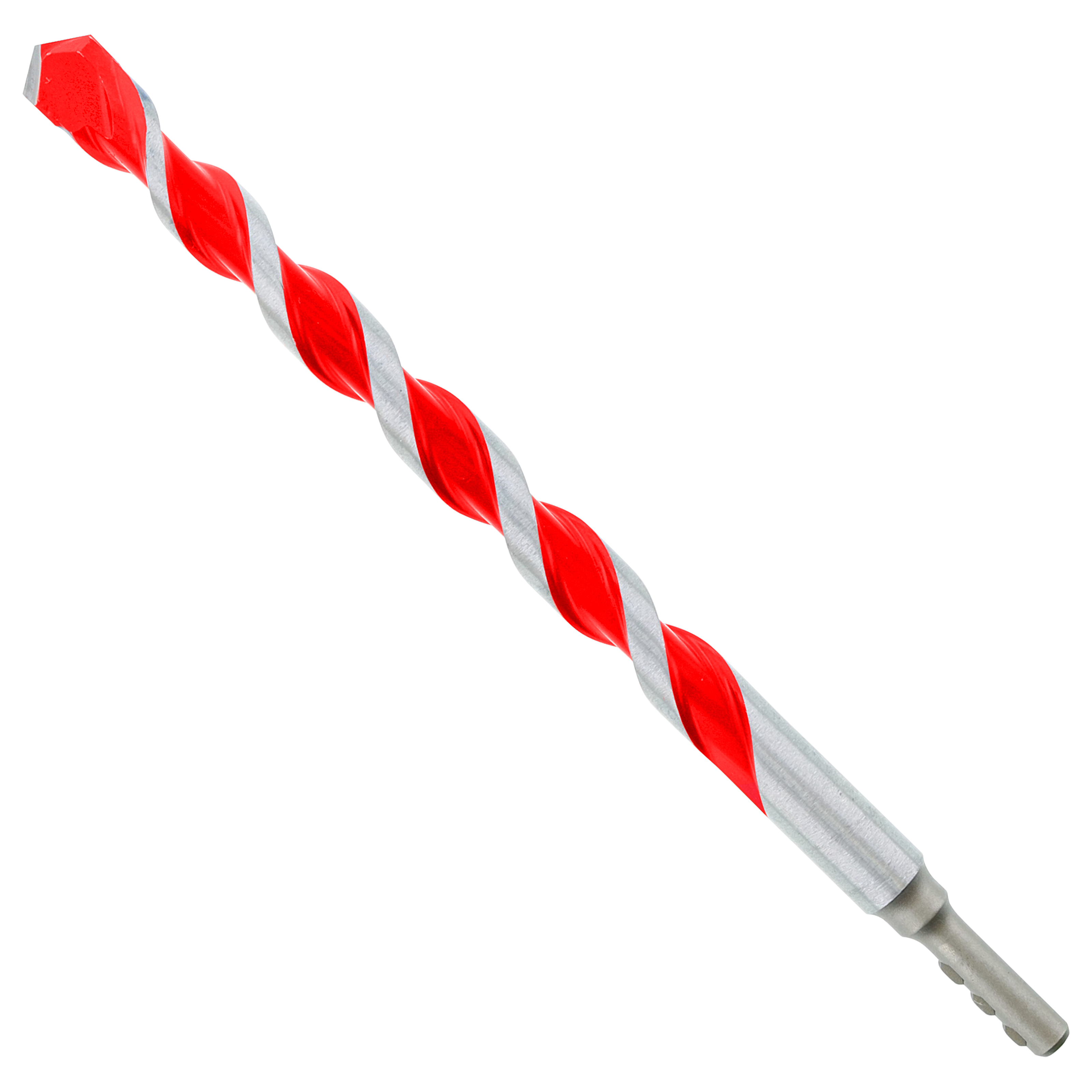 Red and gray carbide-tipped hammer drill bit with spiral flutes and cylindrical shank.