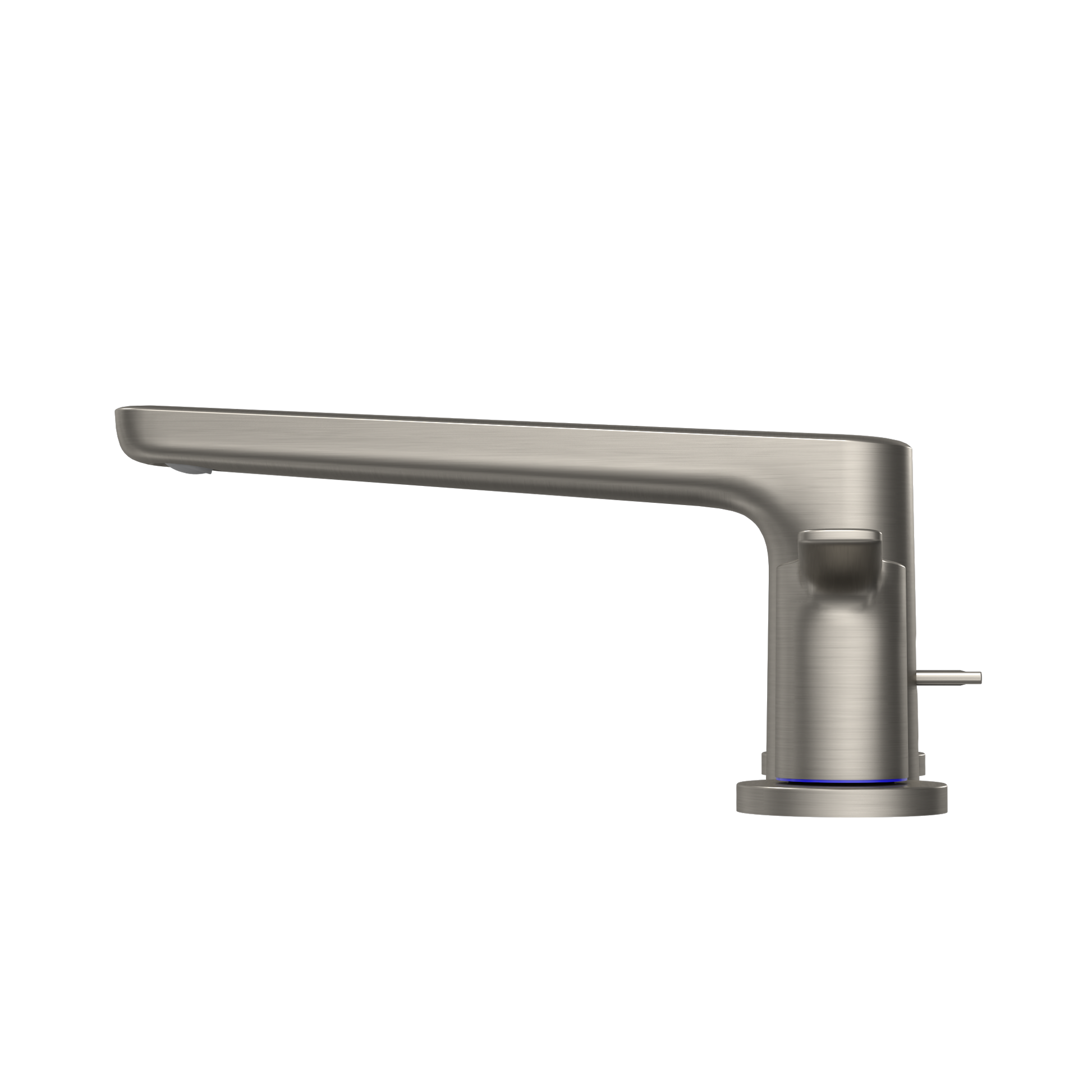 Brushed nickel deck-mount roman tub filler with single spout and control handle.