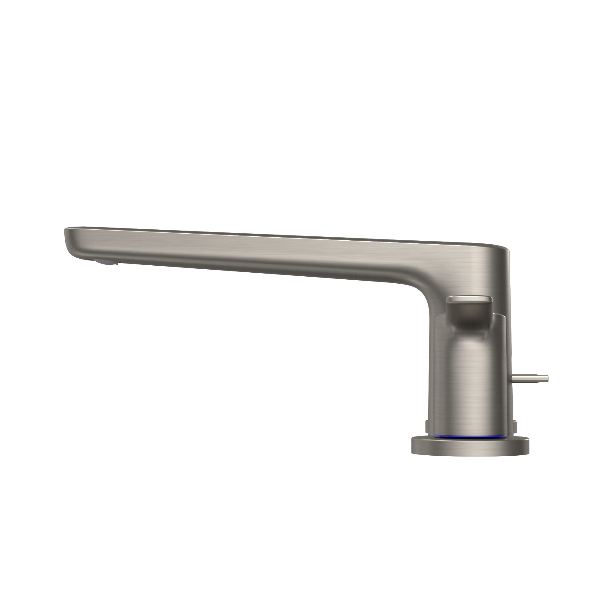 Brushed nickel deck-mount roman tub filler with single spout and control handle.