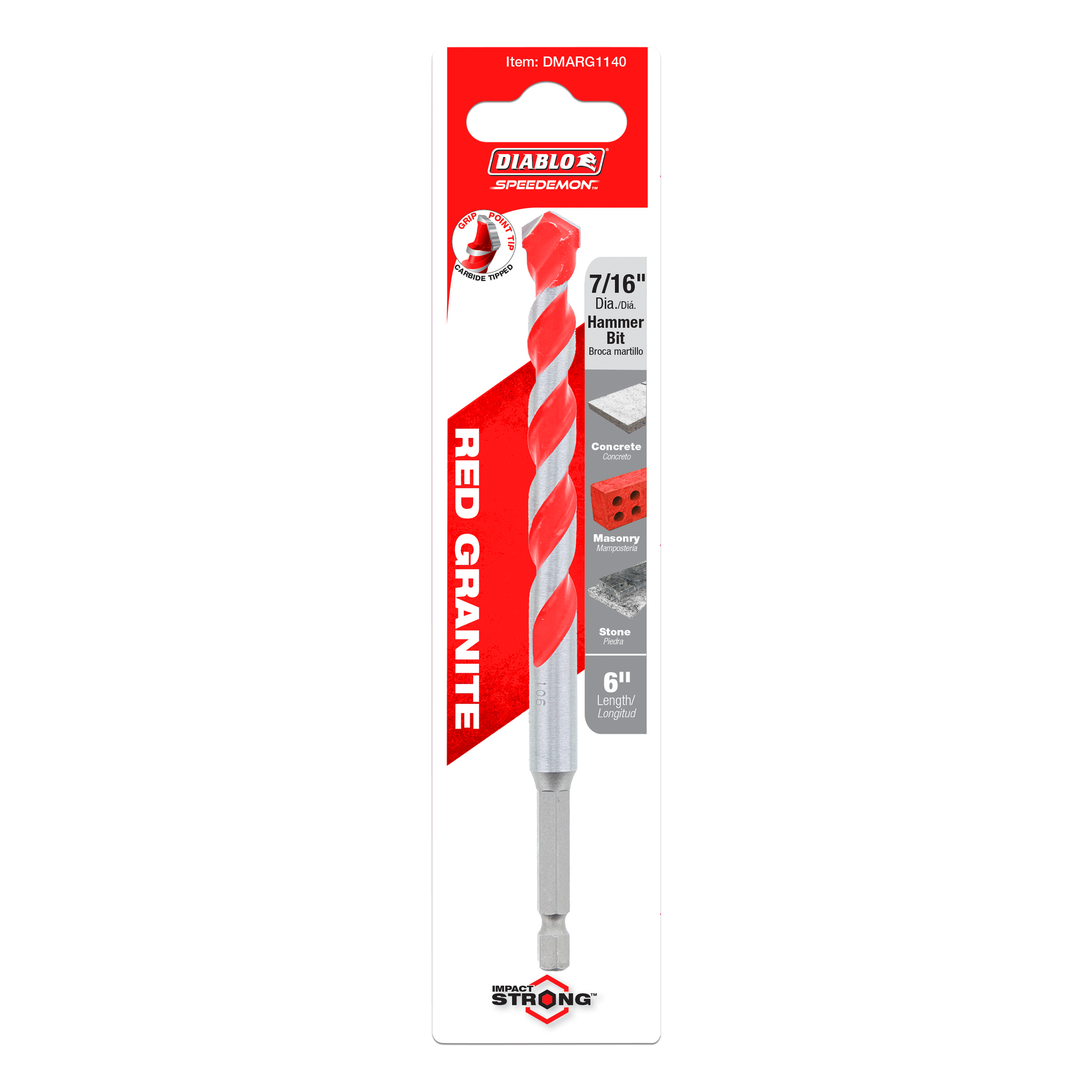 Red and gray Diablo SPEEDemon 7/16 inch carbide tipped hammer drill bit in retail packaging.