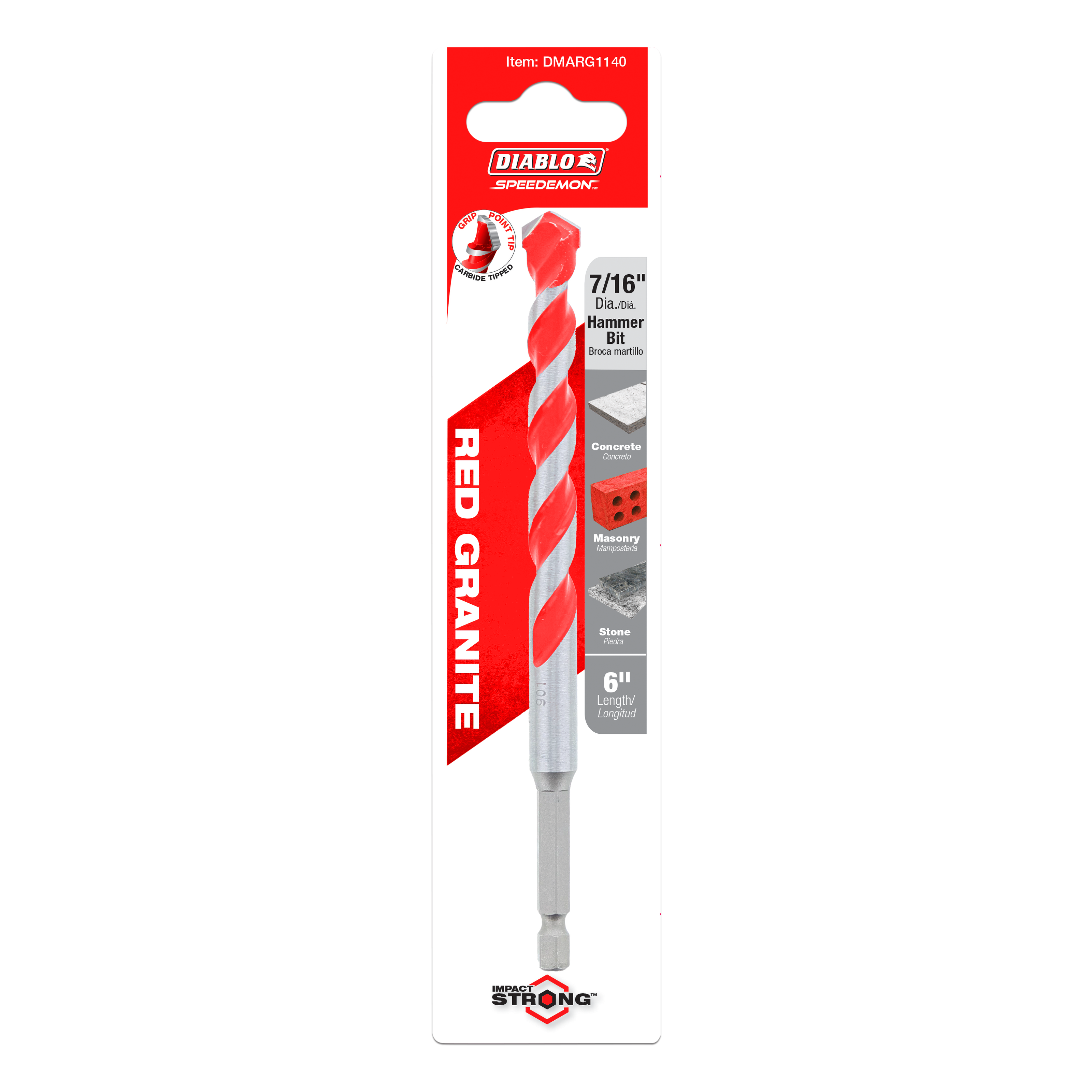 Red and gray Diablo SPEEDemon 7/16 inch carbide tipped hammer drill bit in retail packaging.