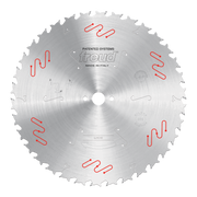 Freud 400mm circular saw blade with carbide-tipped teeth, center bore, and red wavy marks on silver steel disc.