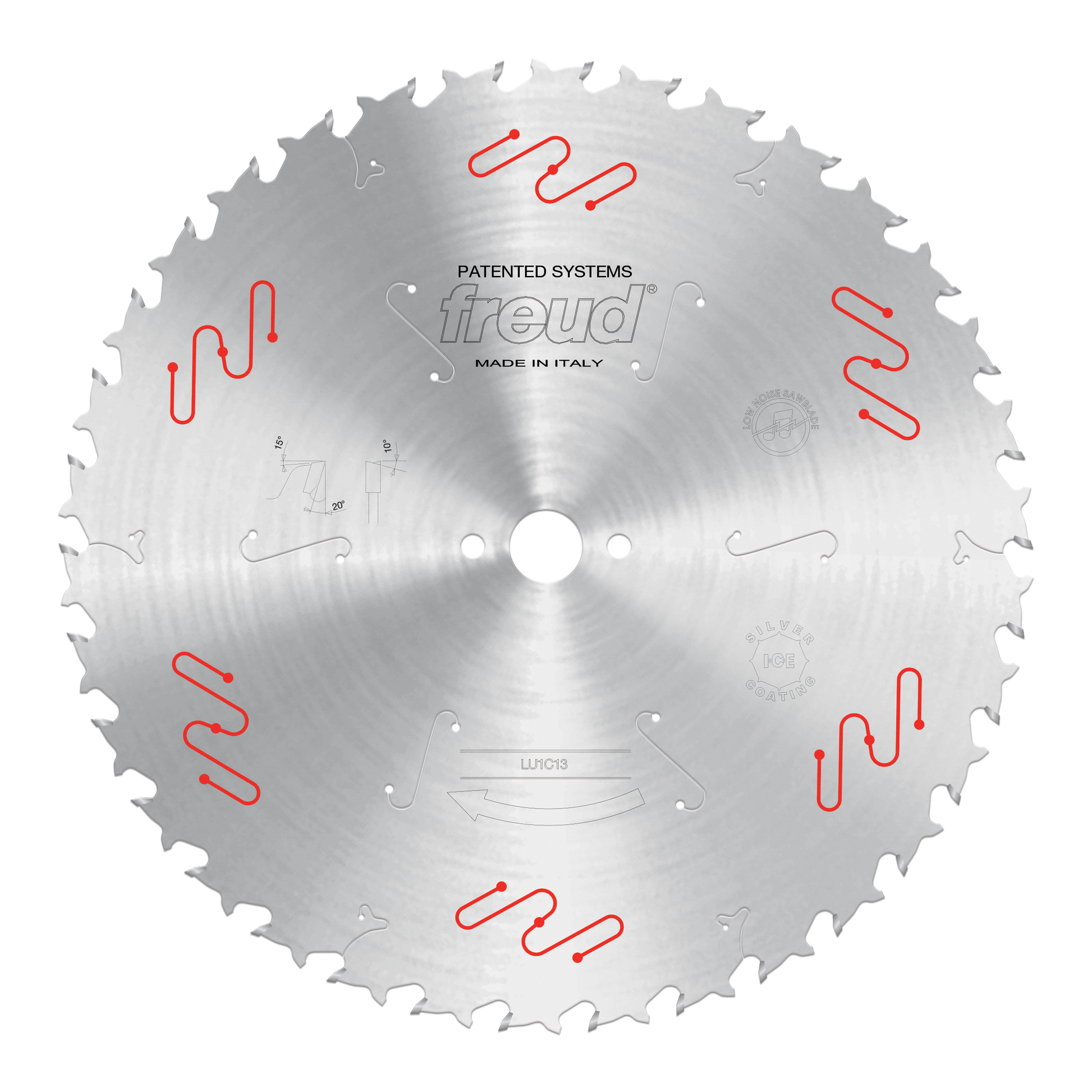 Freud 400mm circular saw blade with carbide-tipped teeth, center bore, and red wavy marks on silver steel disc.