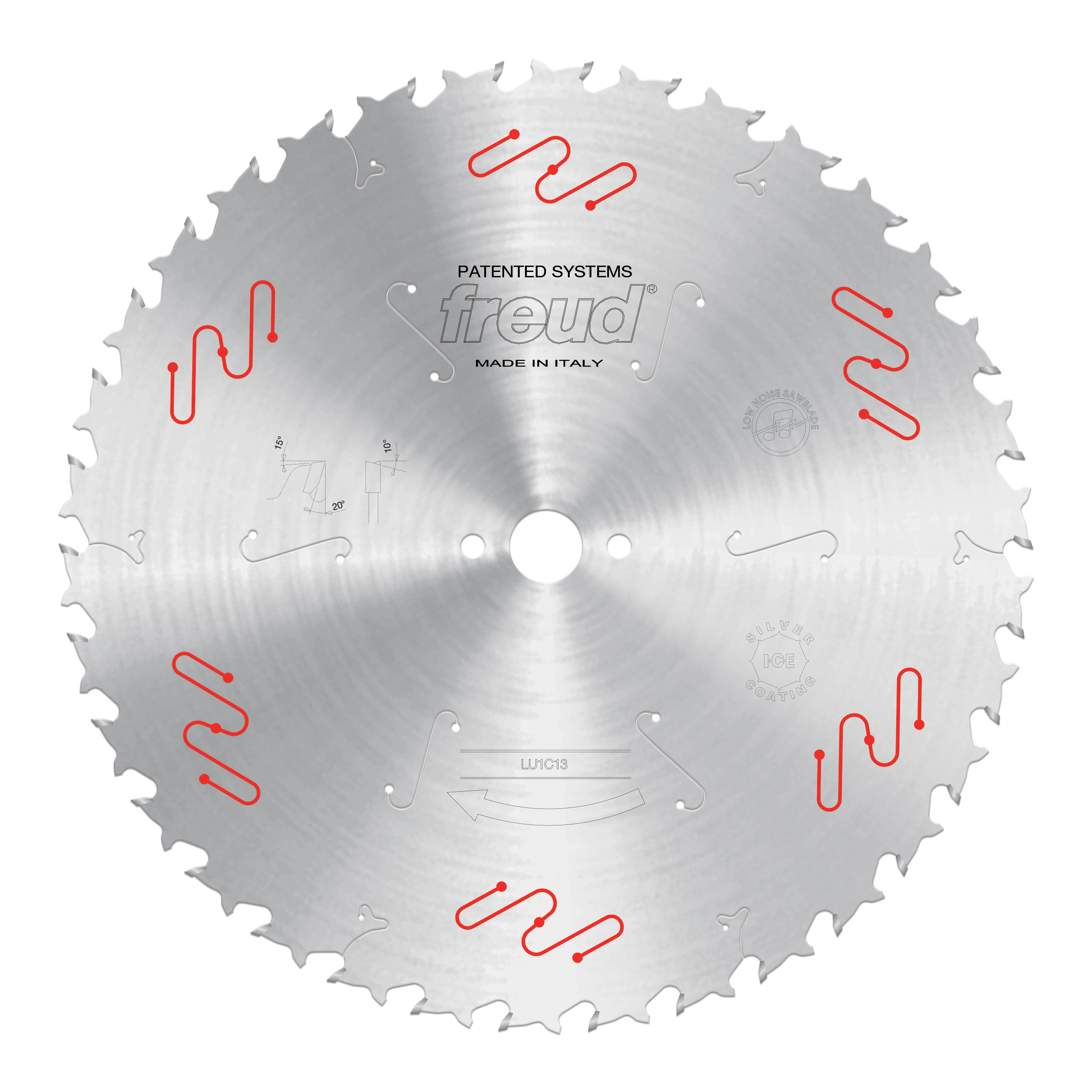 Freud 400mm circular saw blade with carbide-tipped teeth, center bore, and red wavy marks on silver steel disc.