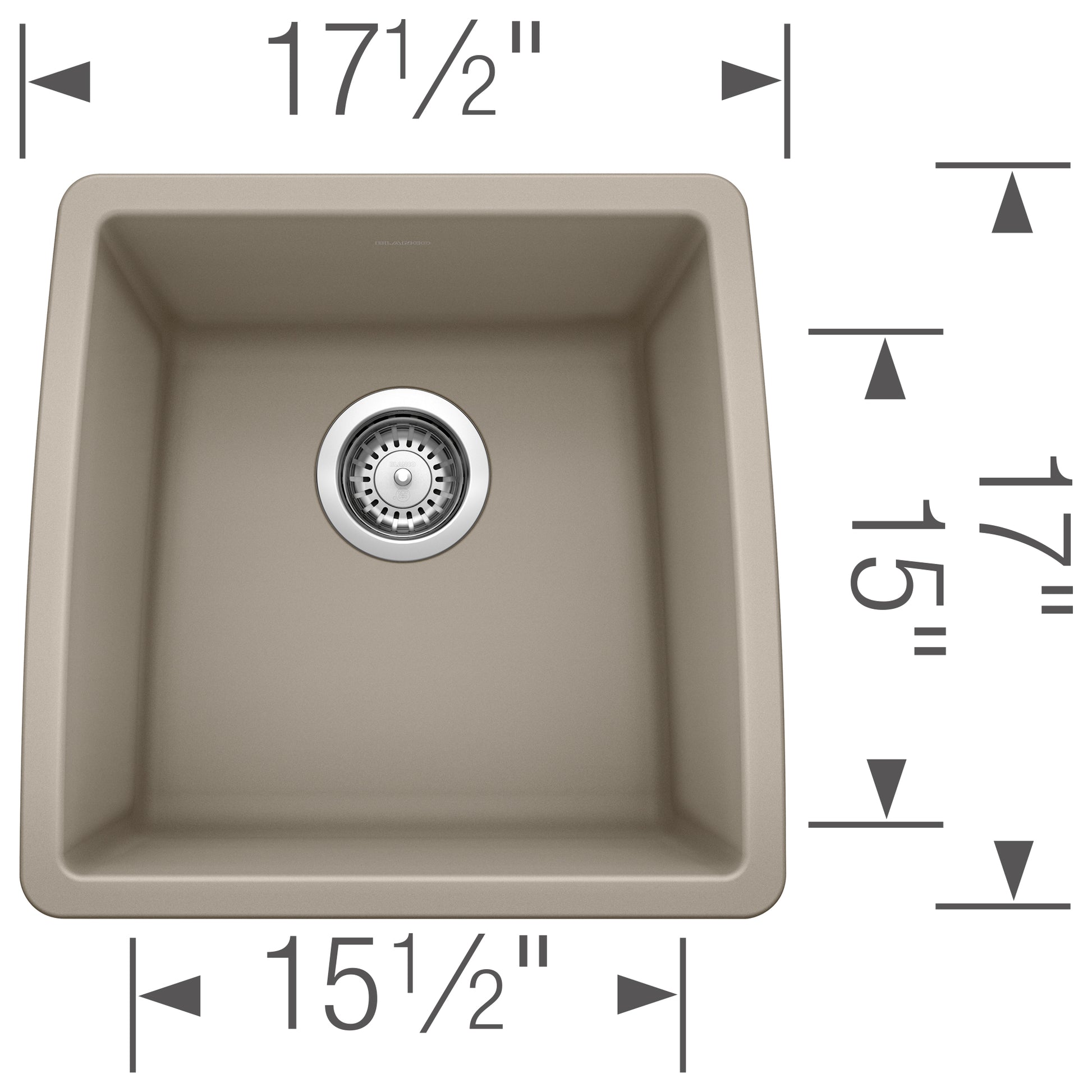 Truffle-colored single bowl undermount sink with rounded corners and chrome drain strainer, measuring 17½" x 15½".