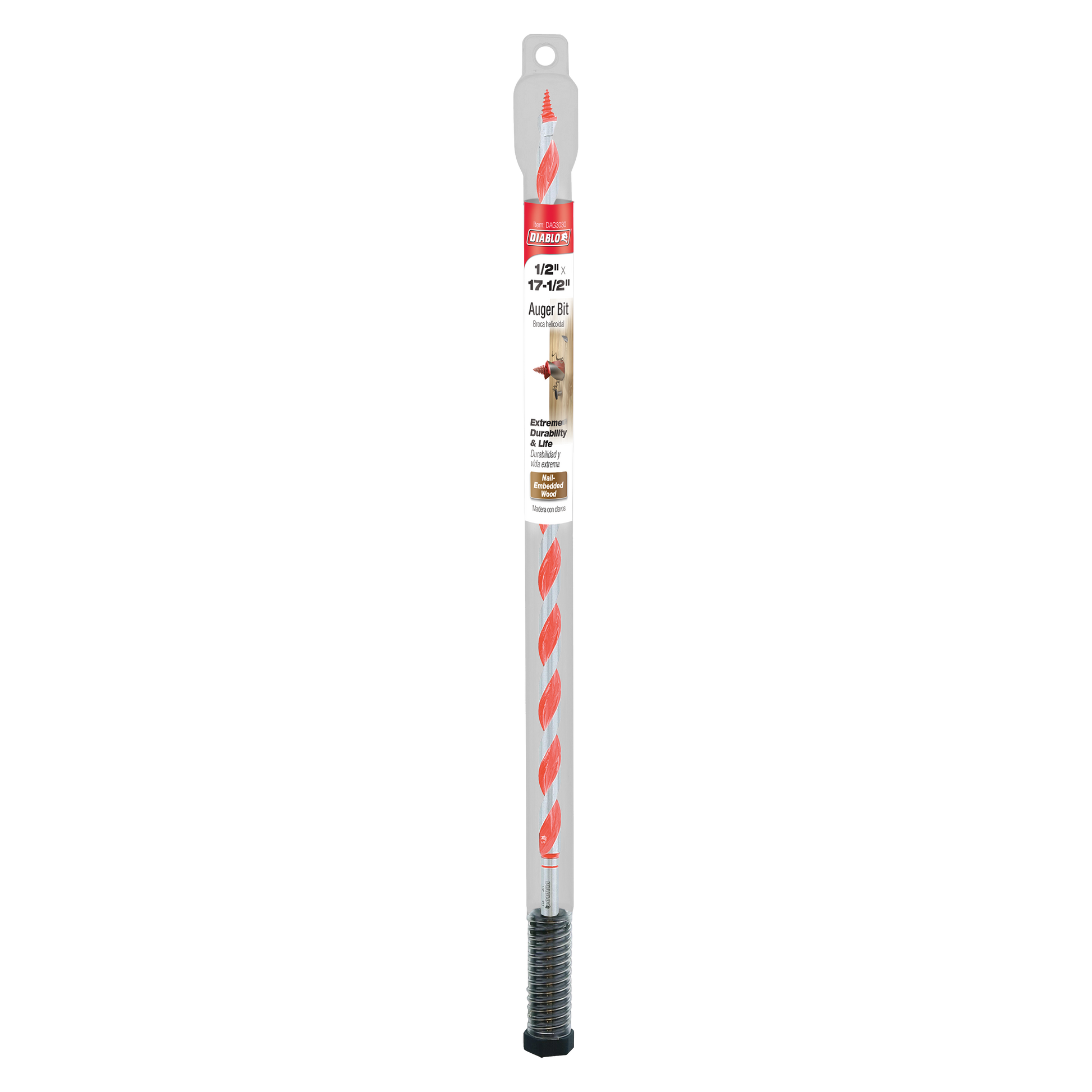 Diablo 1/2 inch by 17-1/2 inch auger bit with red and gray helical flutes and black threaded tip.
