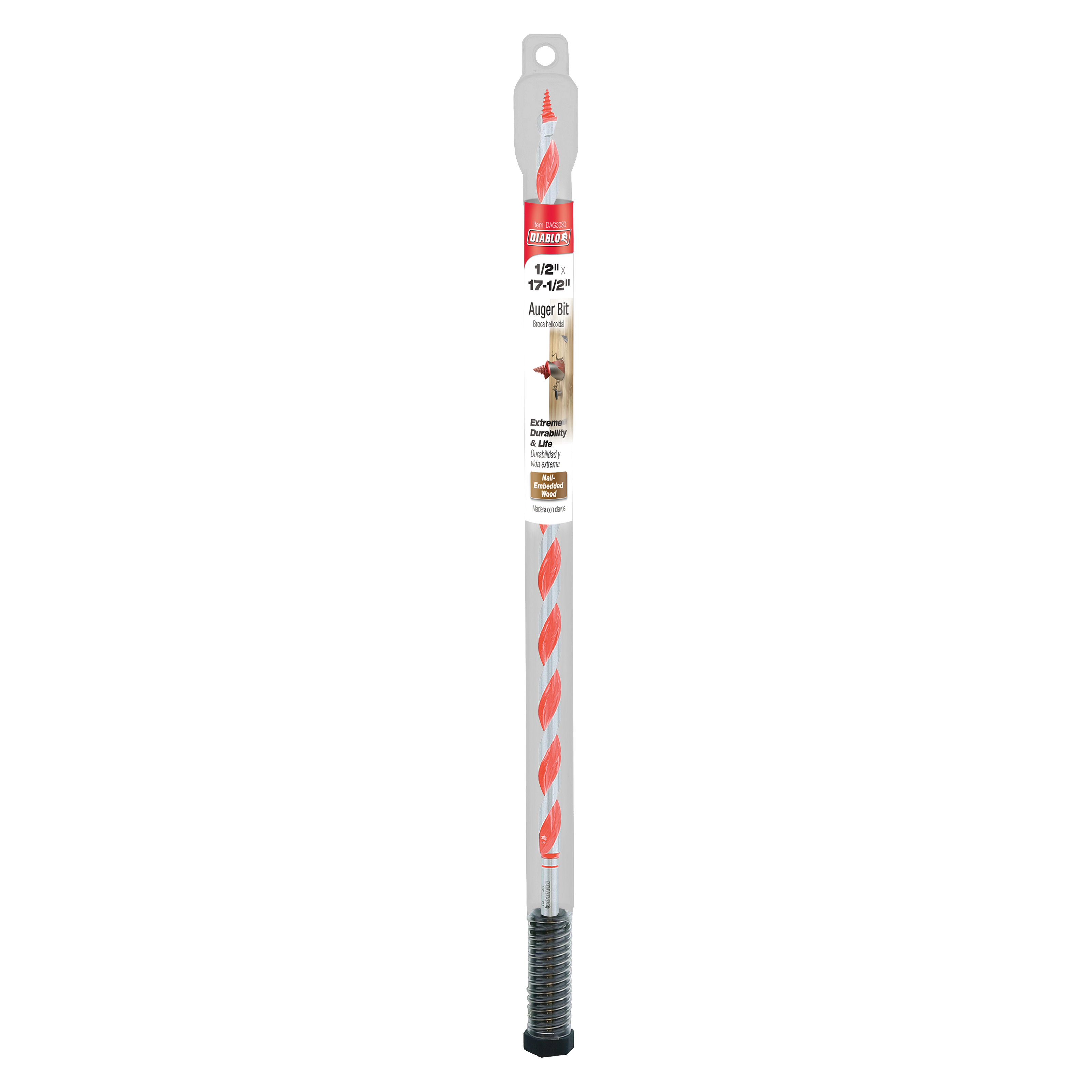 Diablo 1/2 inch by 17-1/2 inch auger bit with red and gray helical flutes and black threaded tip.
