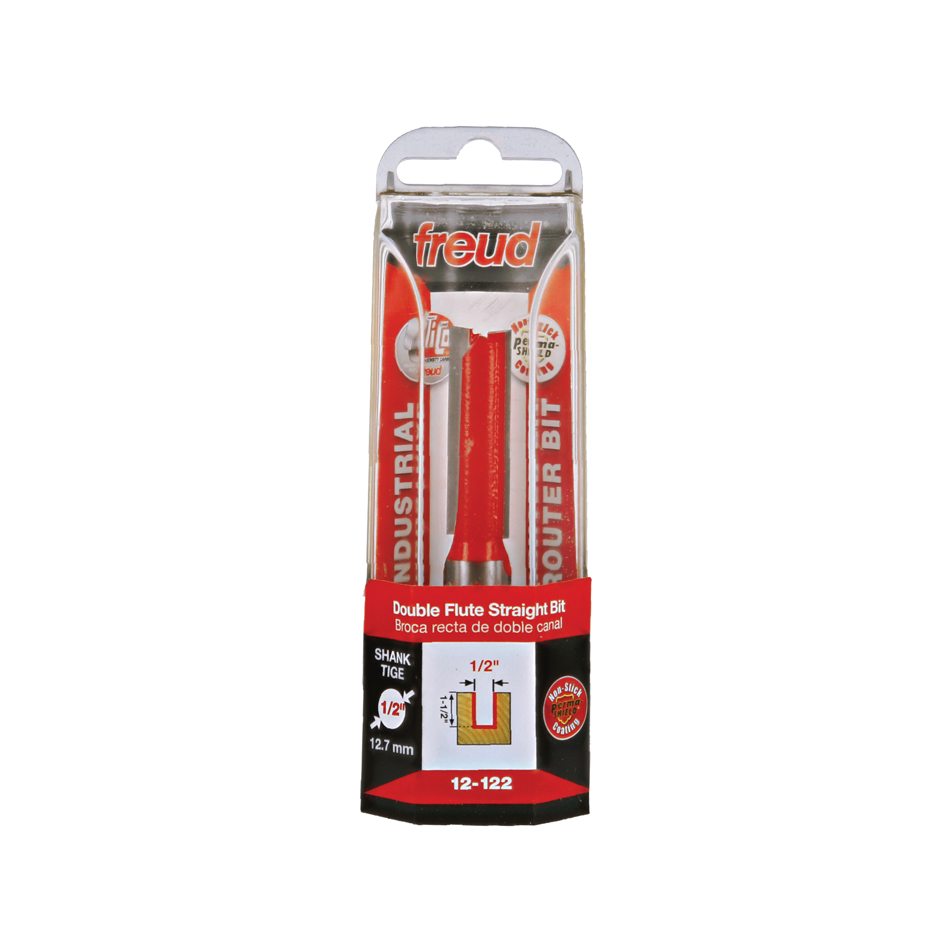 Freud 1/2" diameter double flute straight router bit with red body in clear plastic packaging.