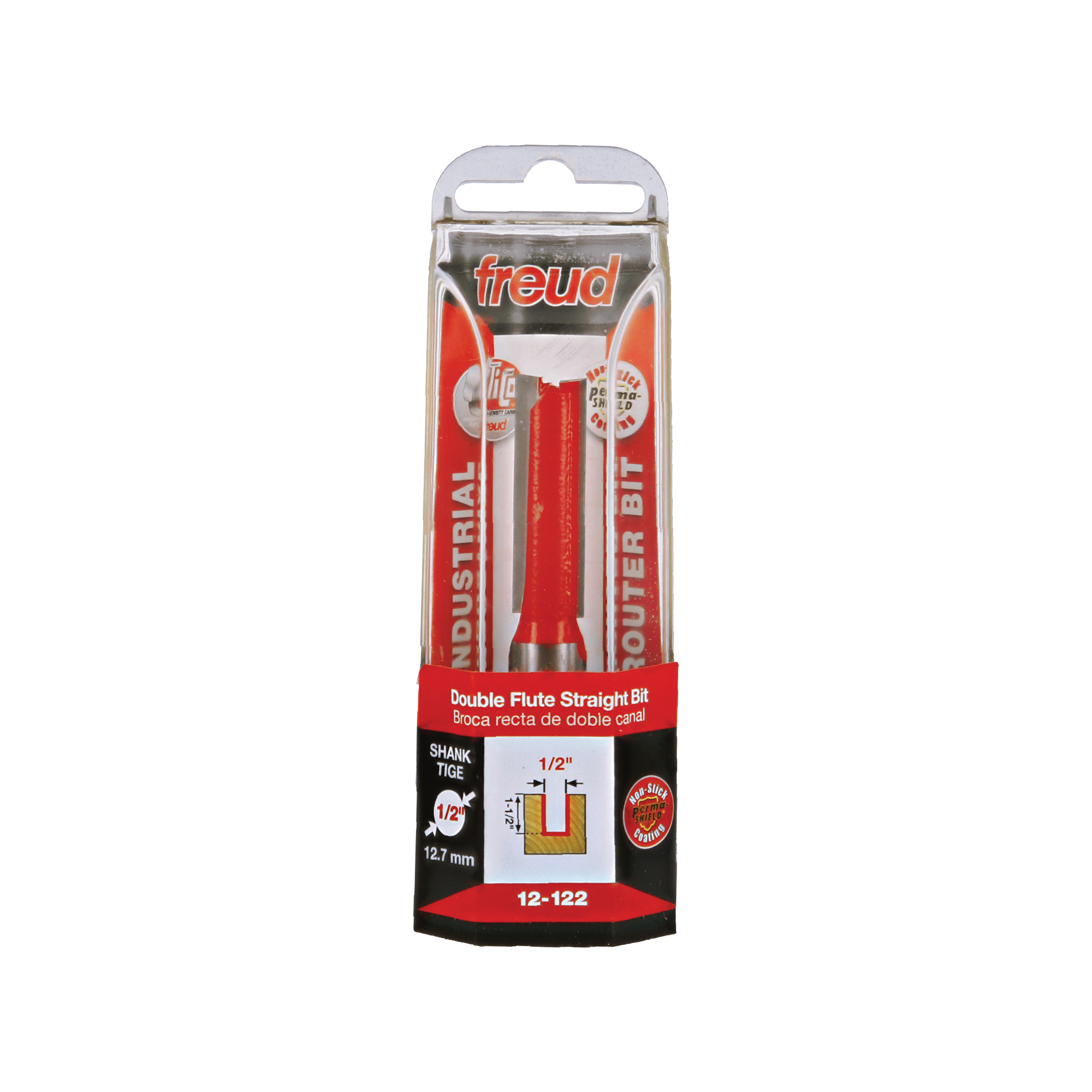 Freud 1/2" diameter double flute straight router bit with red body in clear plastic packaging.