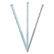 Three carbide tipped masonry drill bits with spiral flutes and pointed tips arranged in a V formation.