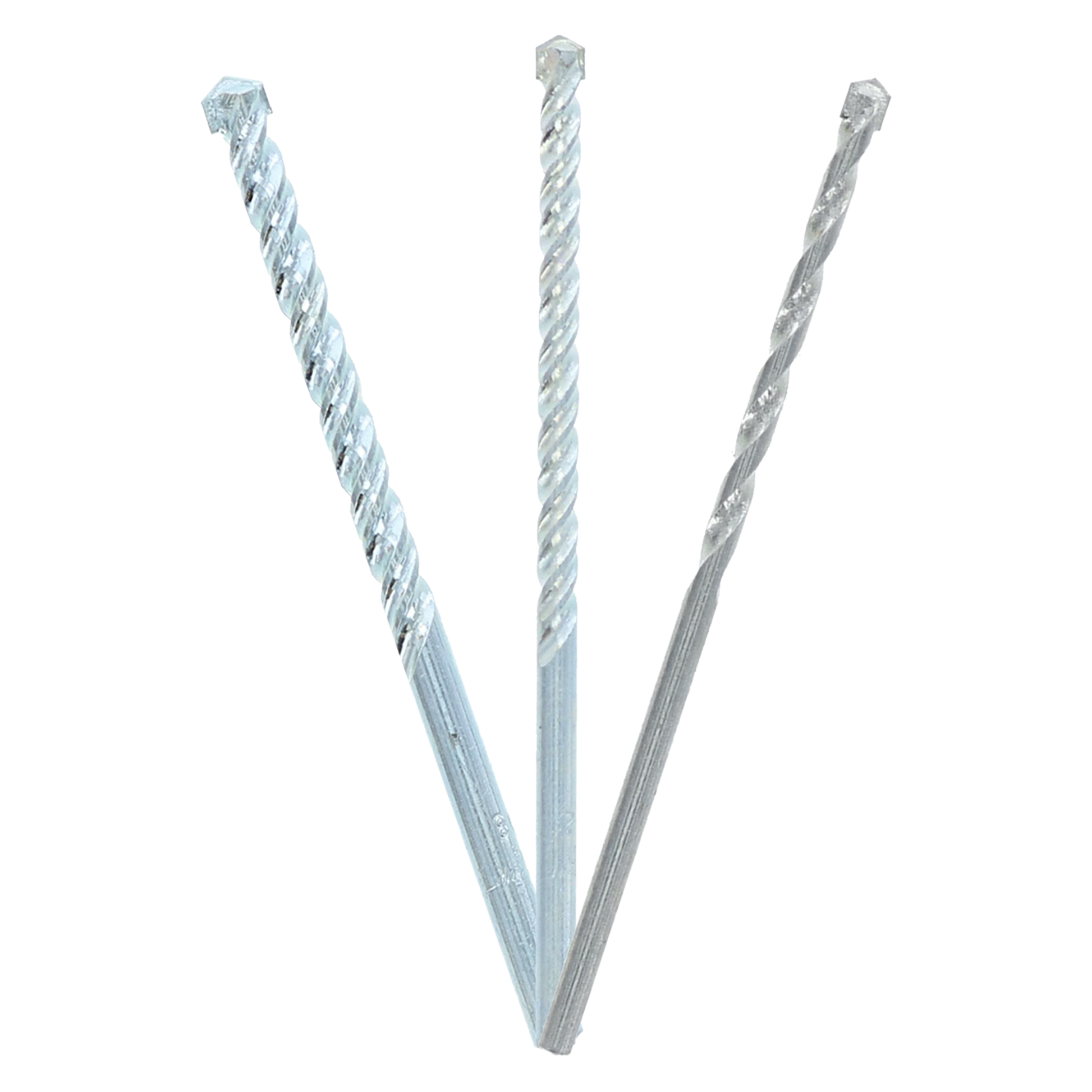 Three carbide tipped masonry drill bits with spiral flutes and pointed tips arranged in a V formation.