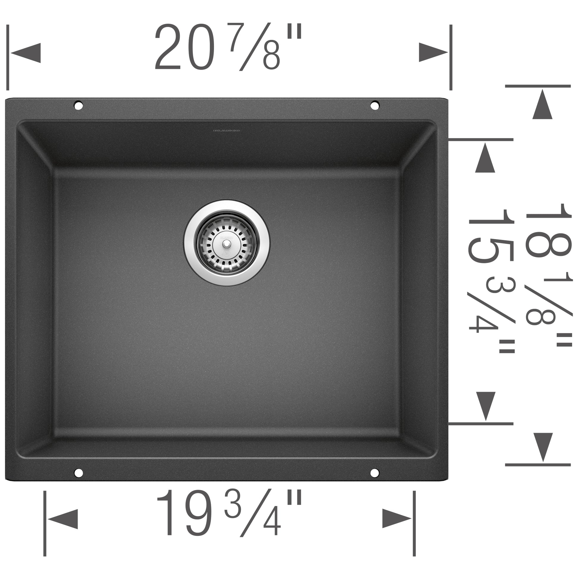 Anthracite undermount kitchen sink with single large basin and chrome drain strainer, dimensions 20 7/8" x 19 3/4".