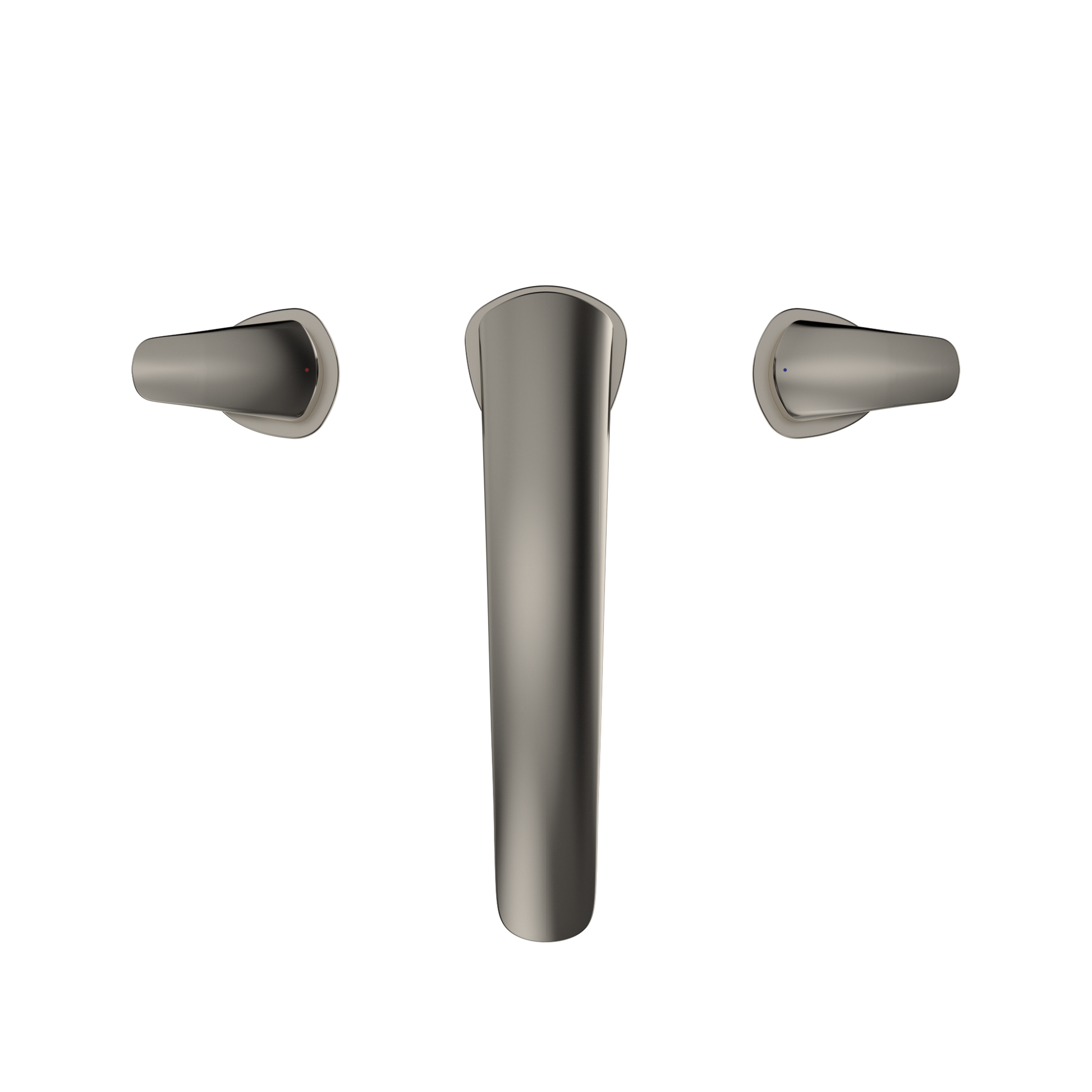 Polished nickel two-handle roman tub filler trim with cylindrical center spout and curved side handles.