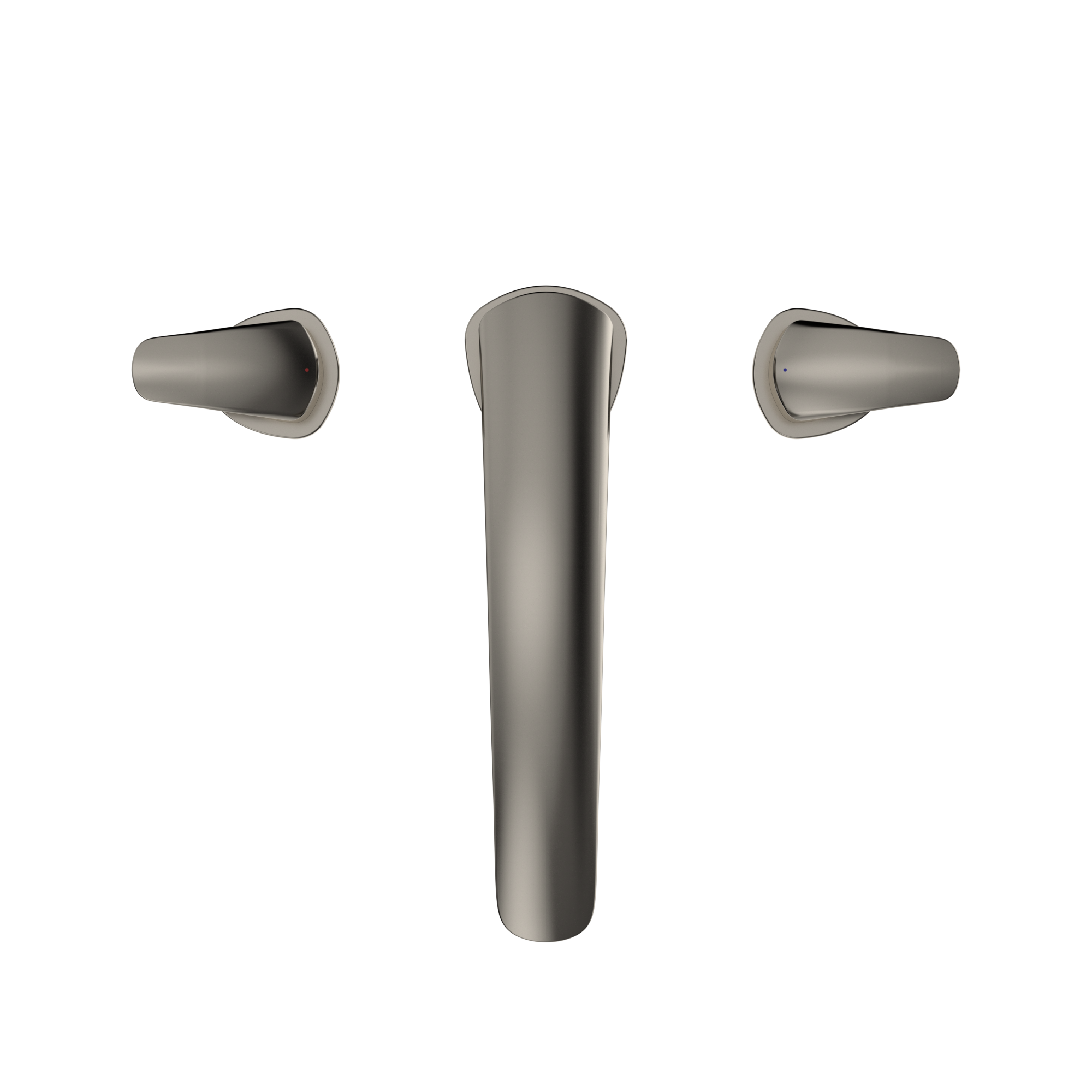 Polished nickel two-handle roman tub filler trim with cylindrical center spout and curved side handles.